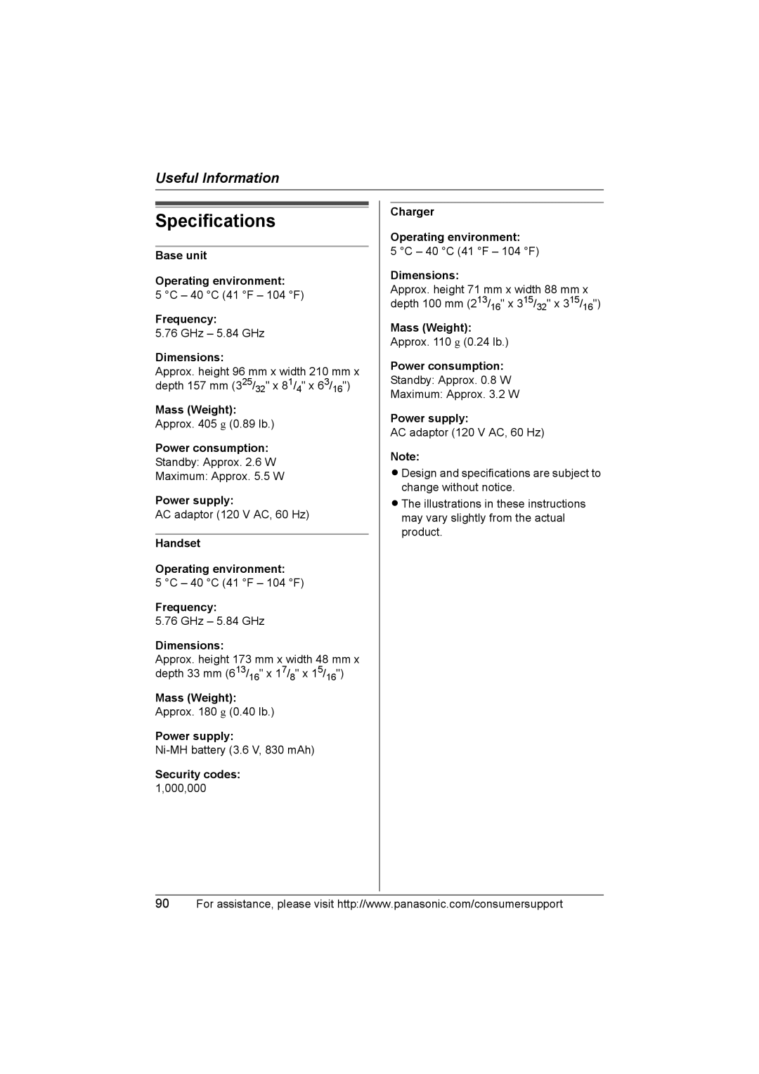 Panasonic KX-TG5583 operating instructions Specifications 