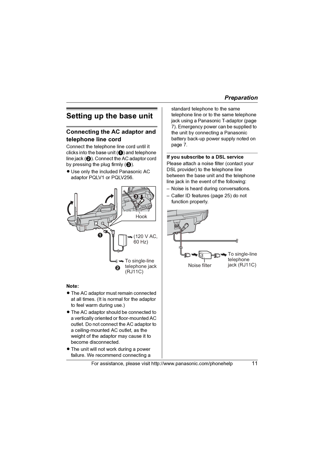 Panasonic KX-TG5622 operating instructions Setting up the base unit, Connecting the AC adaptor and telephone line cord 