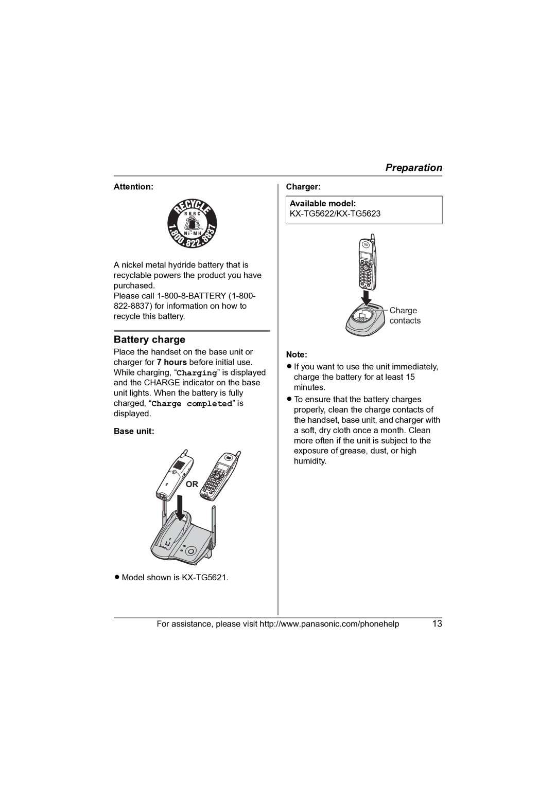 Panasonic KX-TG5622 operating instructions Battery charge, Base unit, Charger Available model 