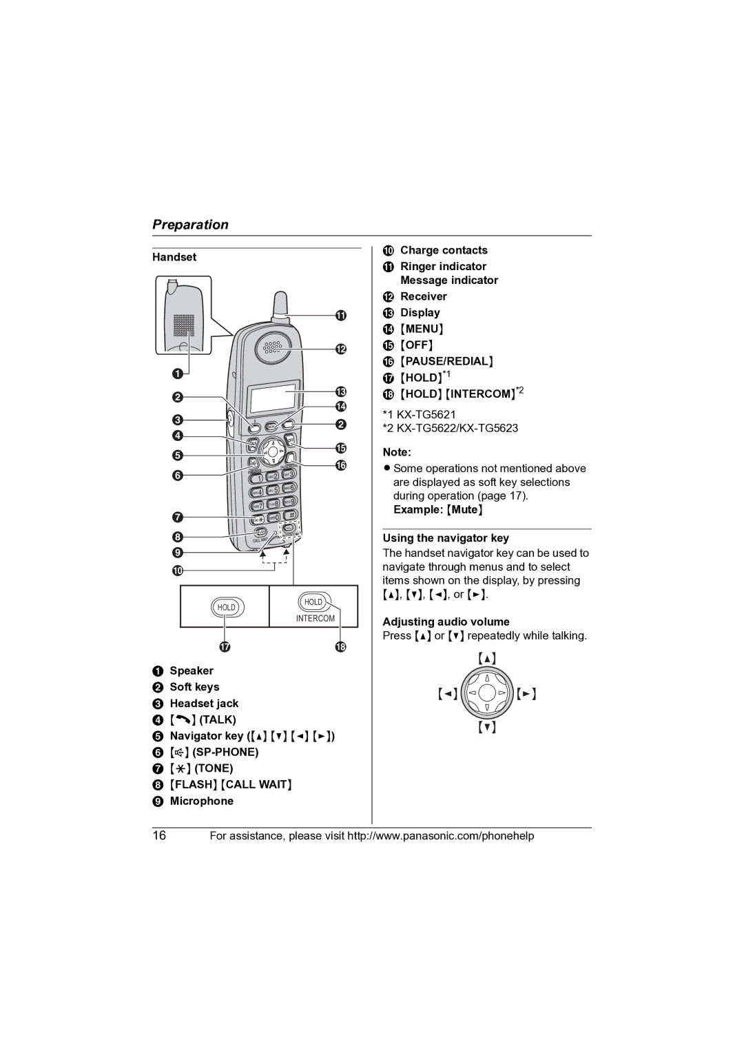 Panasonic KX-TG5622 operating instructions HOLD*1, Example Mute Using the navigator key, Microphone Adjusting audio volume 