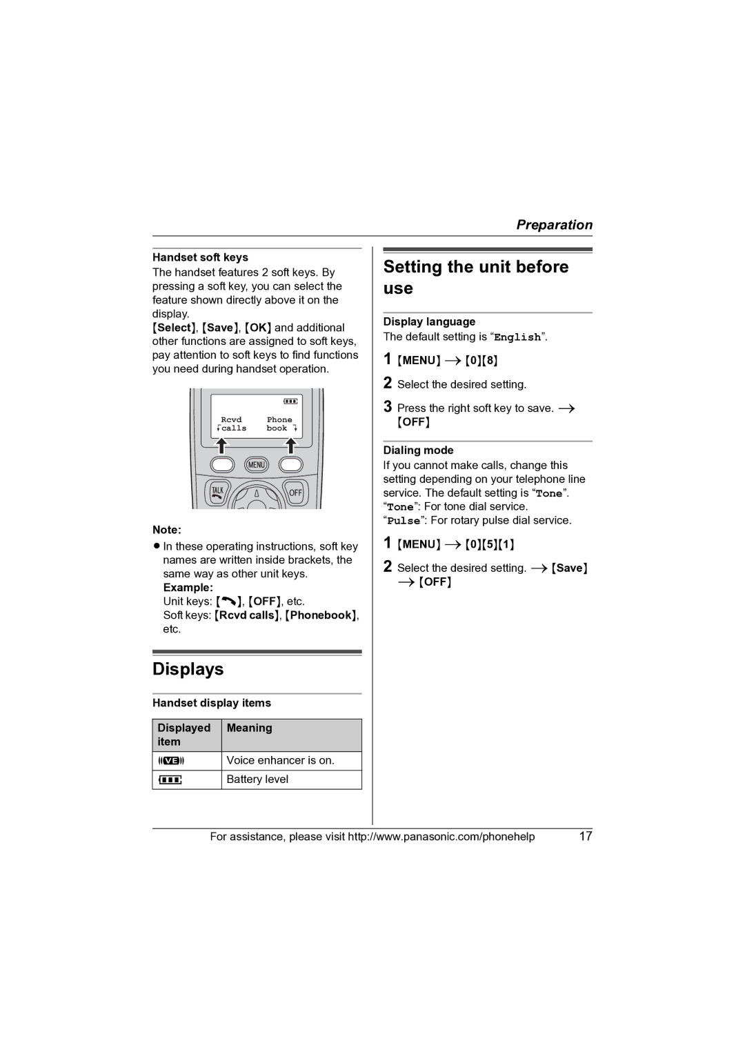 Panasonic KX-TG5622 operating instructions Displays, Setting the unit before use 