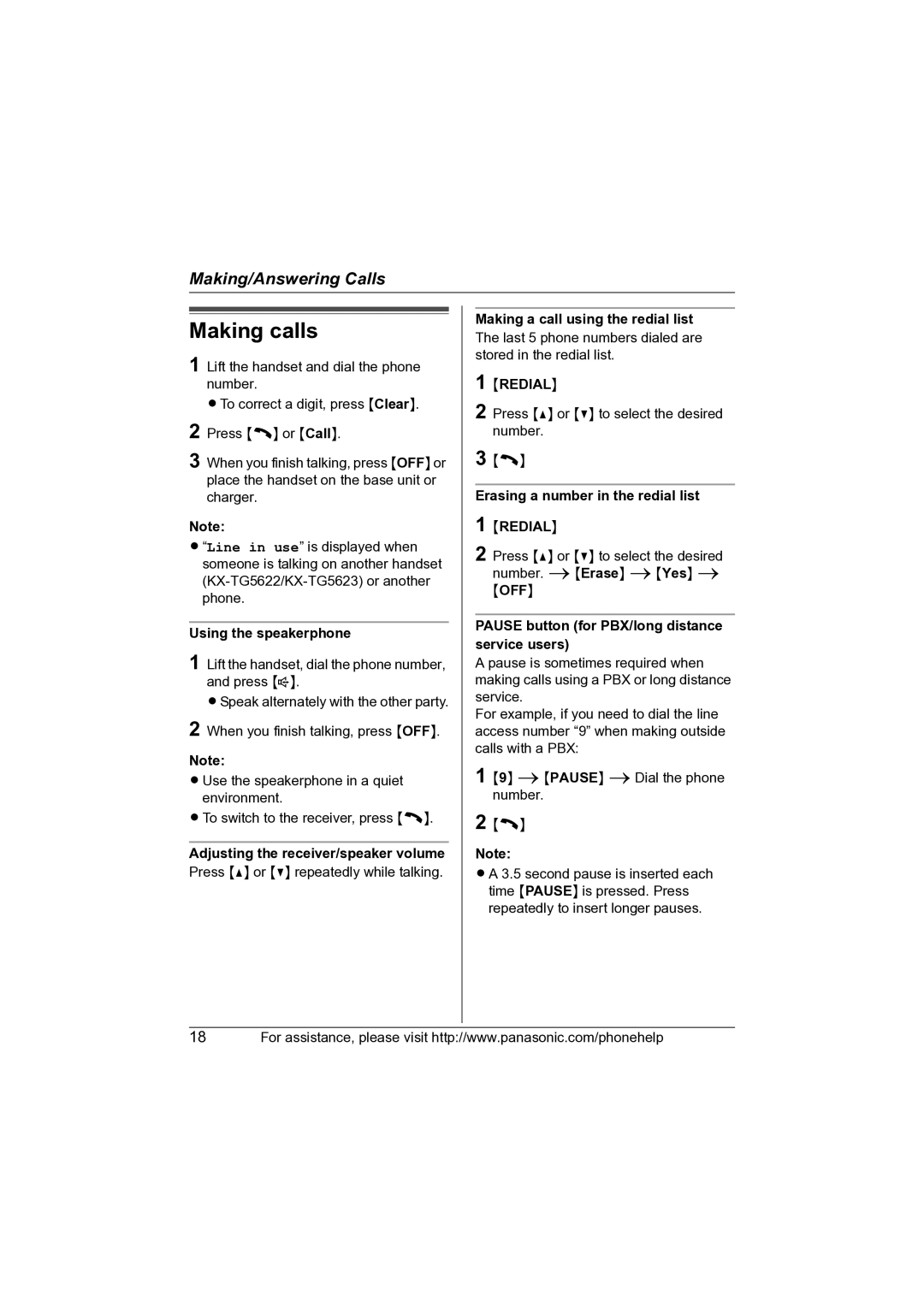 Panasonic KX-TG5622 operating instructions Making calls 