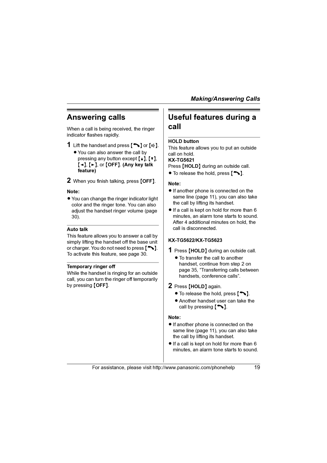 Panasonic KX-TG5622 operating instructions Answering calls, Useful features during a call 