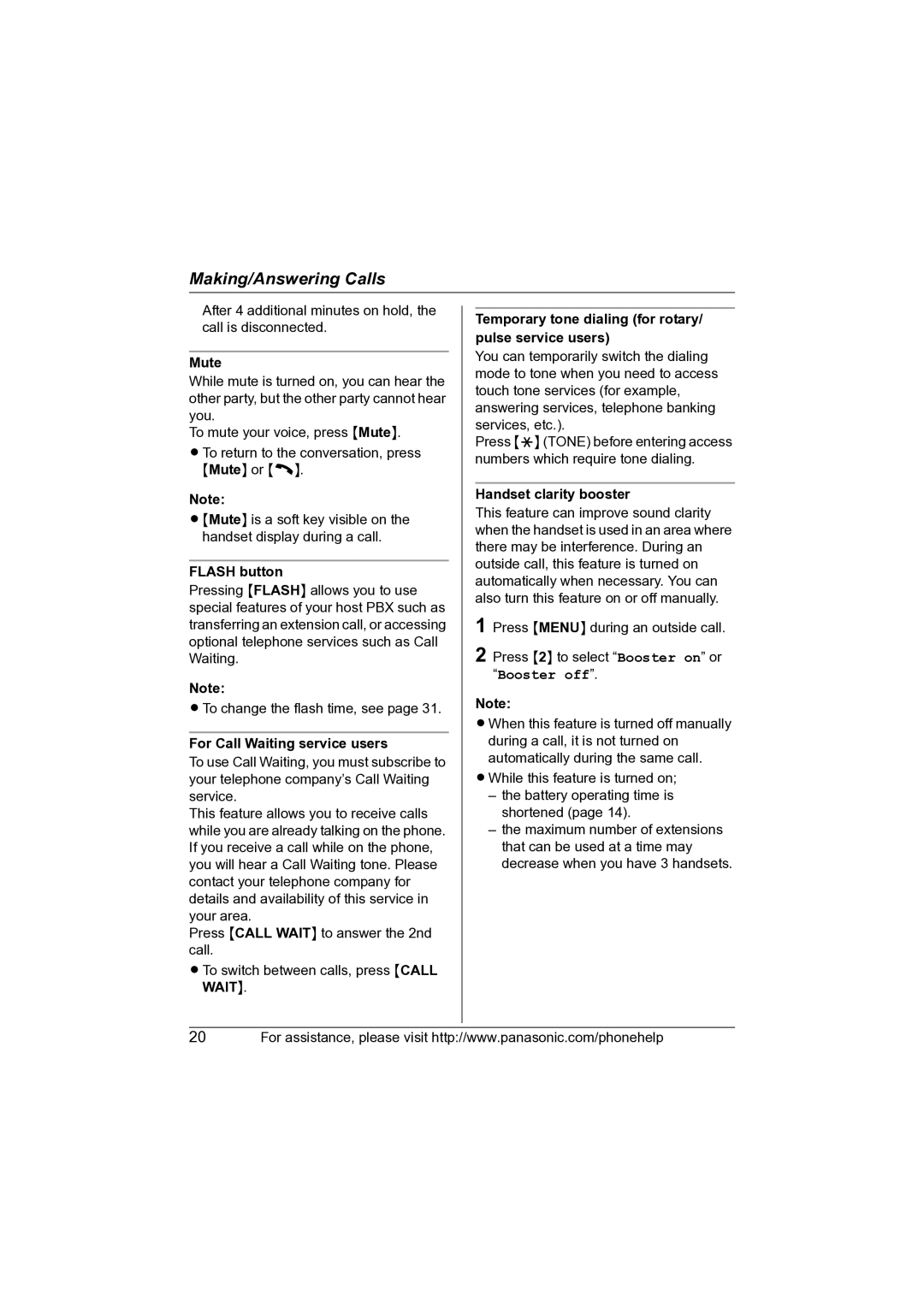 Panasonic KX-TG5622 operating instructions Mute, Flash button, For Call Waiting service users, Handset clarity booster 