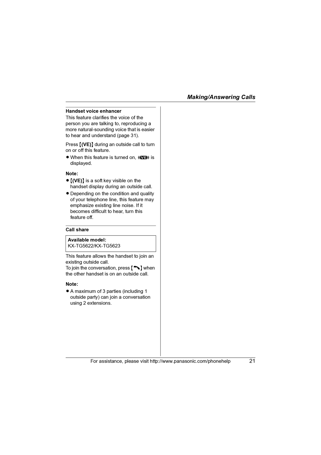 Panasonic KX-TG5622 operating instructions Handset voice enhancer, Call share Available model 