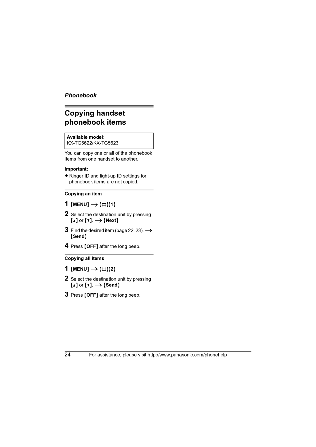 Panasonic KX-TG5622 operating instructions Copying an item, Copying all items 