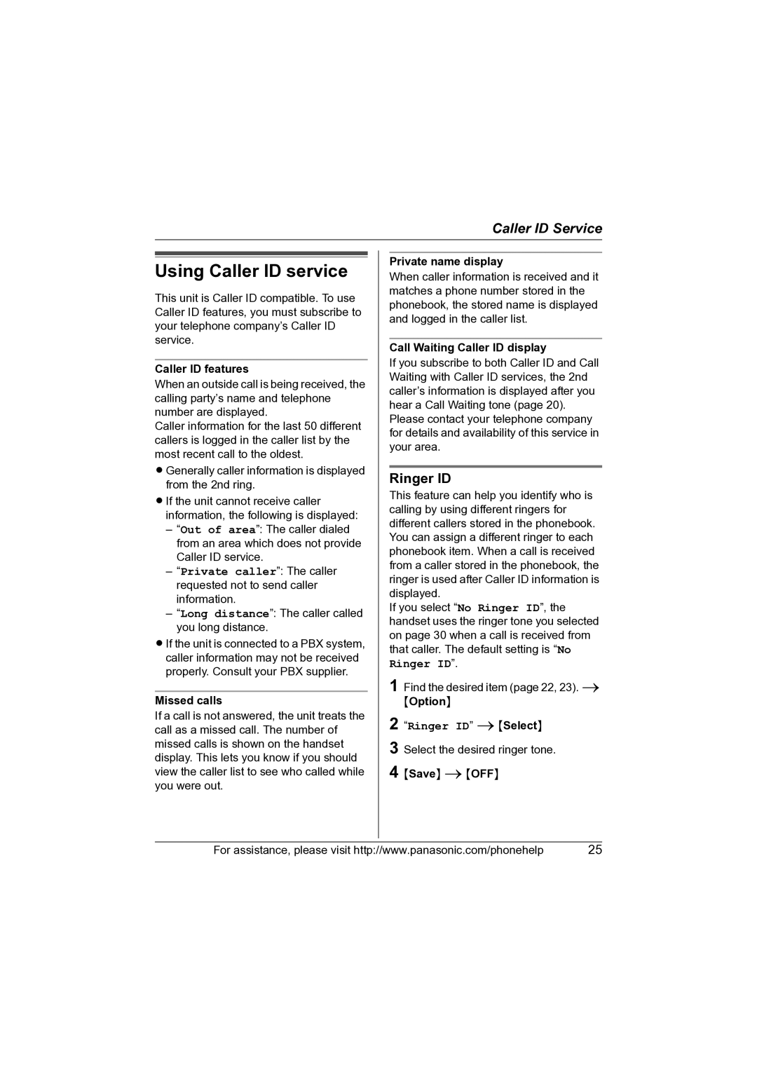 Panasonic KX-TG5622 operating instructions Using Caller ID service, Ringer ID 