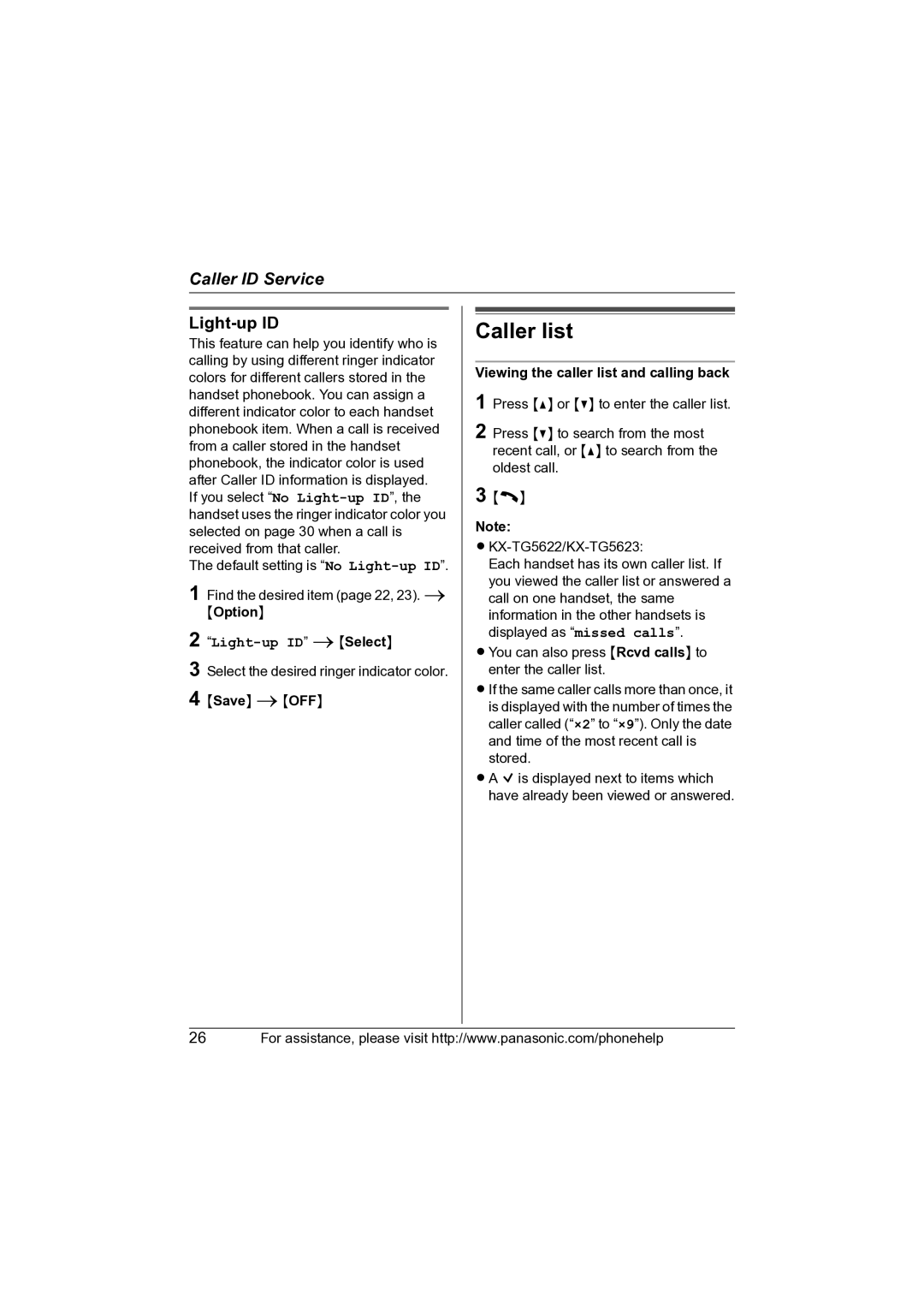 Panasonic KX-TG5622 operating instructions Caller list, Light-up ID, Viewing the caller list and calling back 