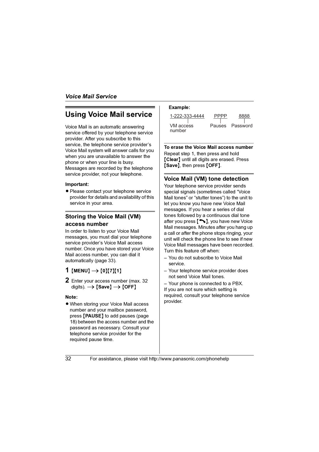 Panasonic KX-TG5622 Using Voice Mail service, Storing the Voice Mail VM access number, Voice Mail VM tone detection 