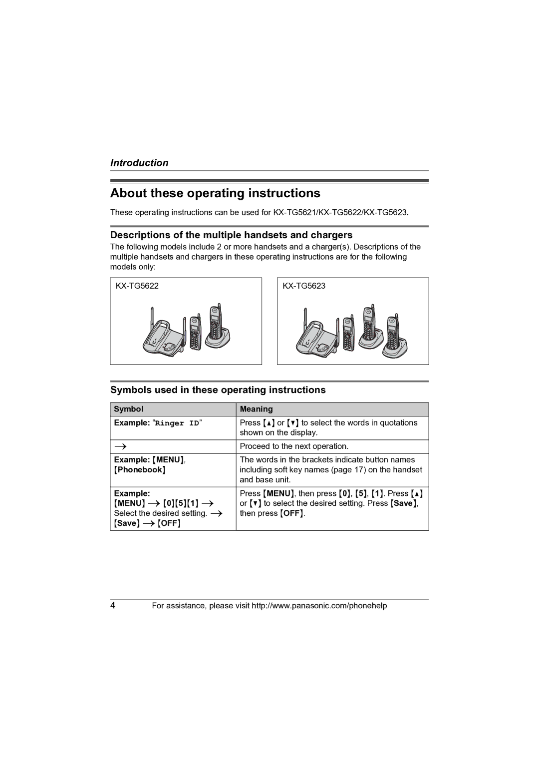 Panasonic KX-TG5622 About these operating instructions, Descriptions of the multiple handsets and chargers 