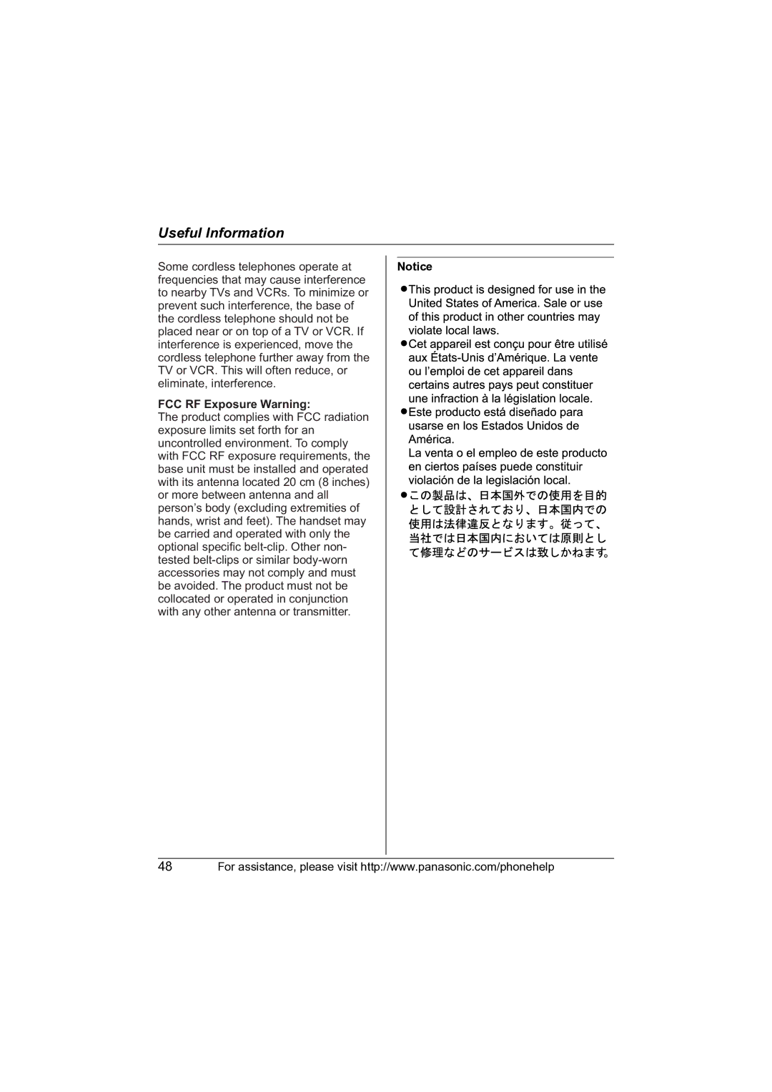 Panasonic KX-TG5622 operating instructions FCC RF Exposure Warning 