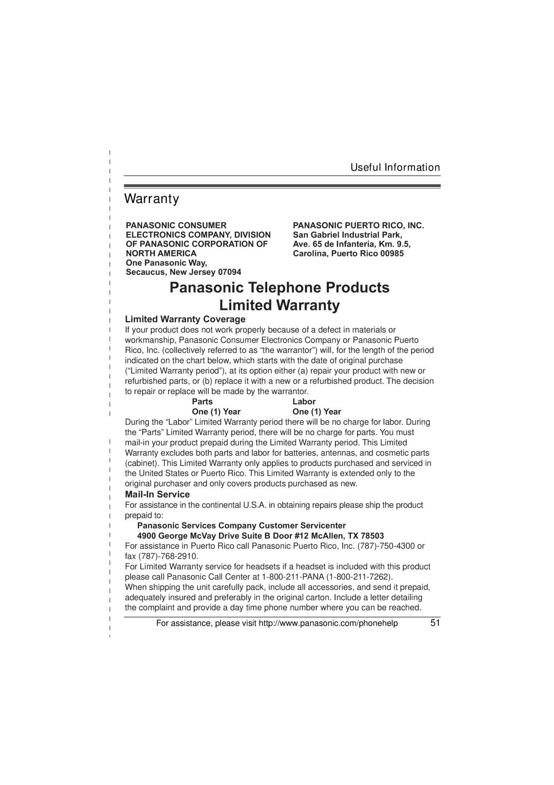 Panasonic KX-TG5622 Warranty, San Gabriel Industrial Park, Ave de Infantería, Km, One Panasonic Way Secaucus, New Jersey 