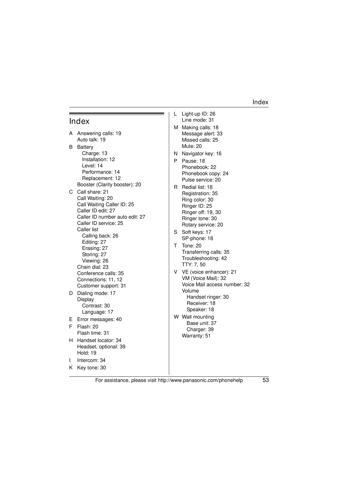 Panasonic KX-TG5622 operating instructions Index 