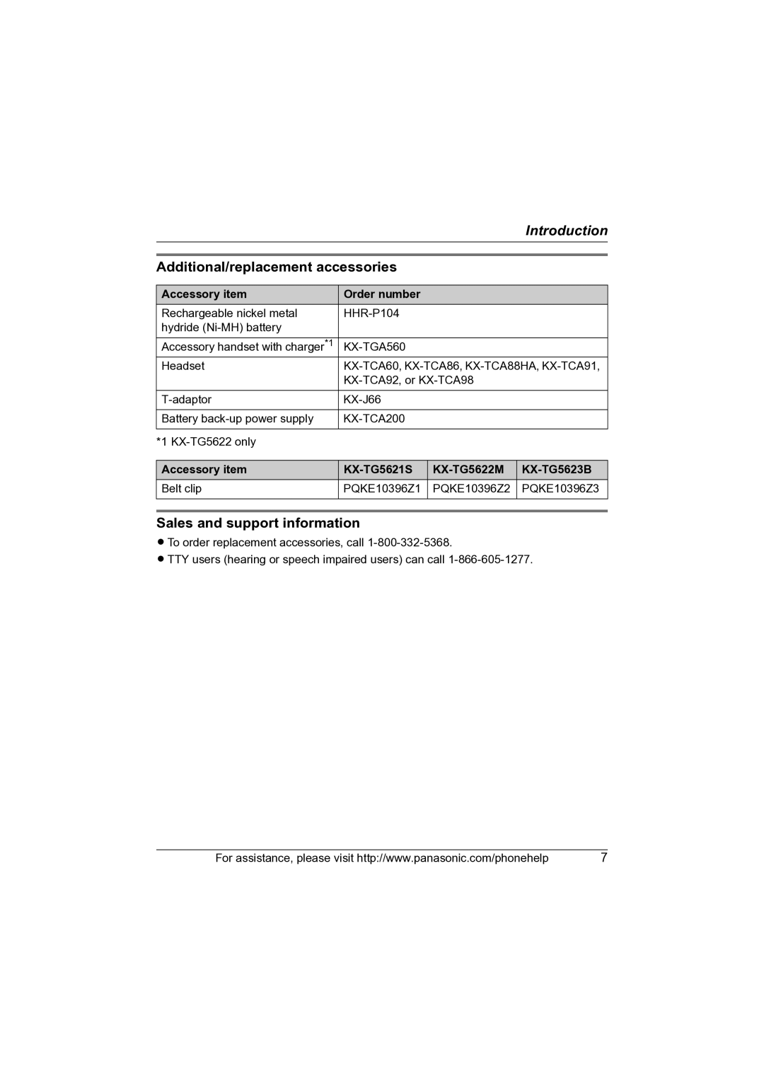 Panasonic KX-TG5622 Additional/replacement accessories, Sales and support information, Accessory item Order number 