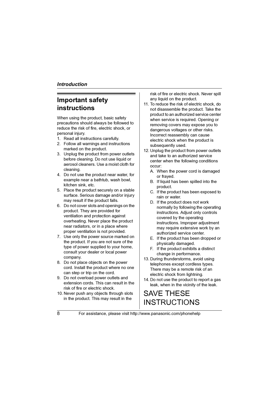 Panasonic KX-TG5622 operating instructions Save These Instructions, Important safety instructions 