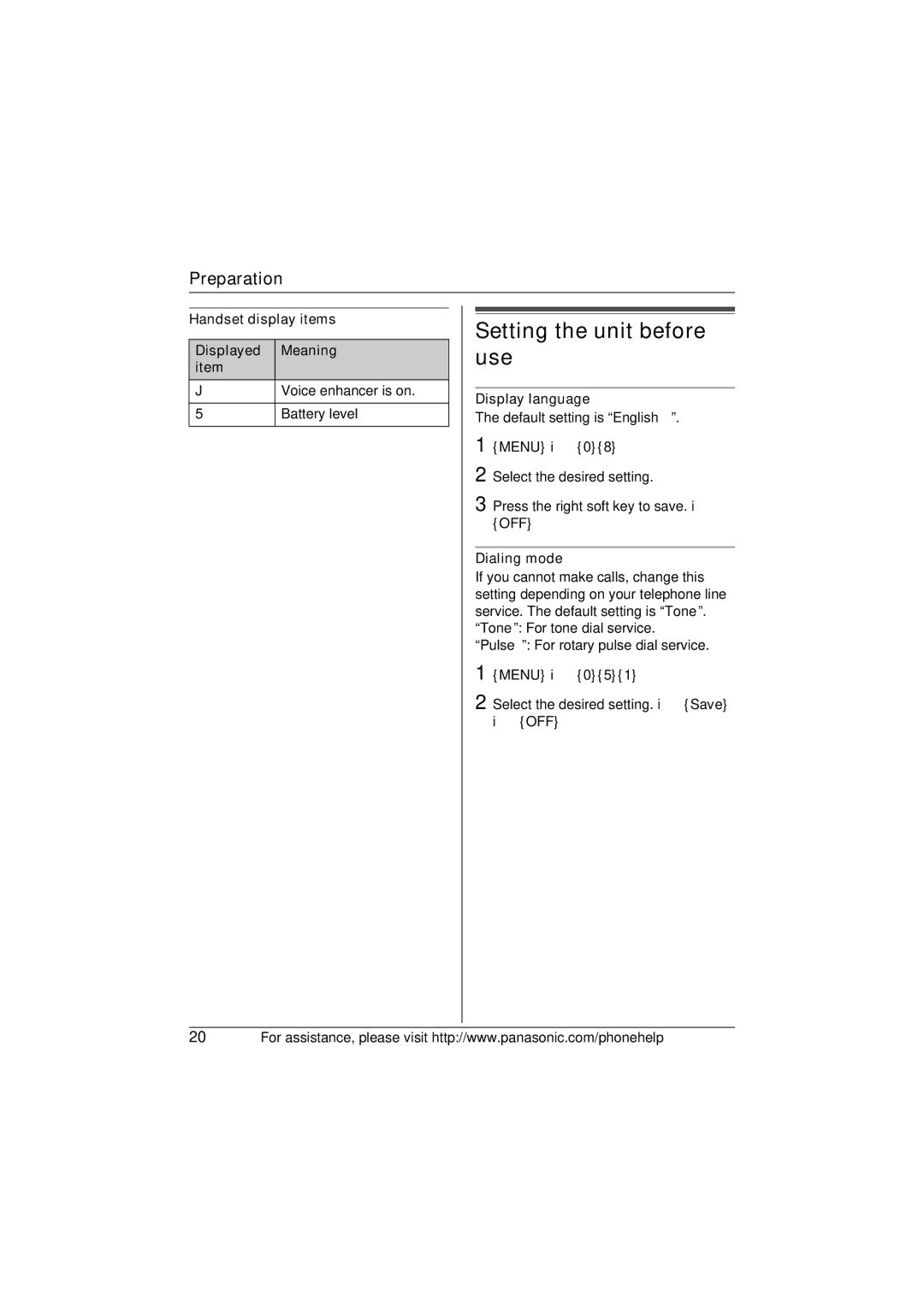 Panasonic KX-TG5632M Setting the unit before use, Handset display items Displayed Meaning item, Display language, Off 