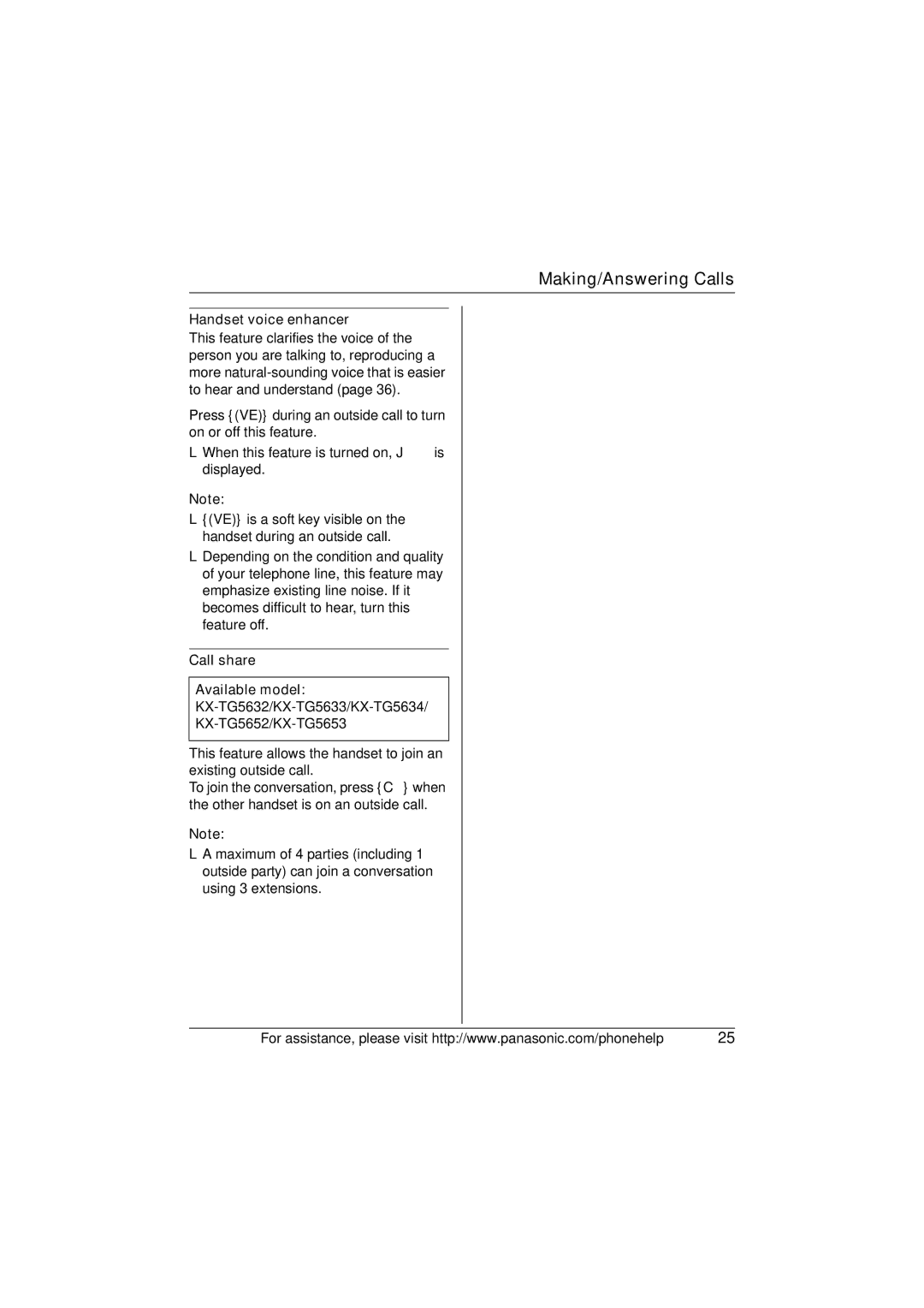 Panasonic KX-TG5632M operating instructions Handset voice enhancer, Call share Available model 