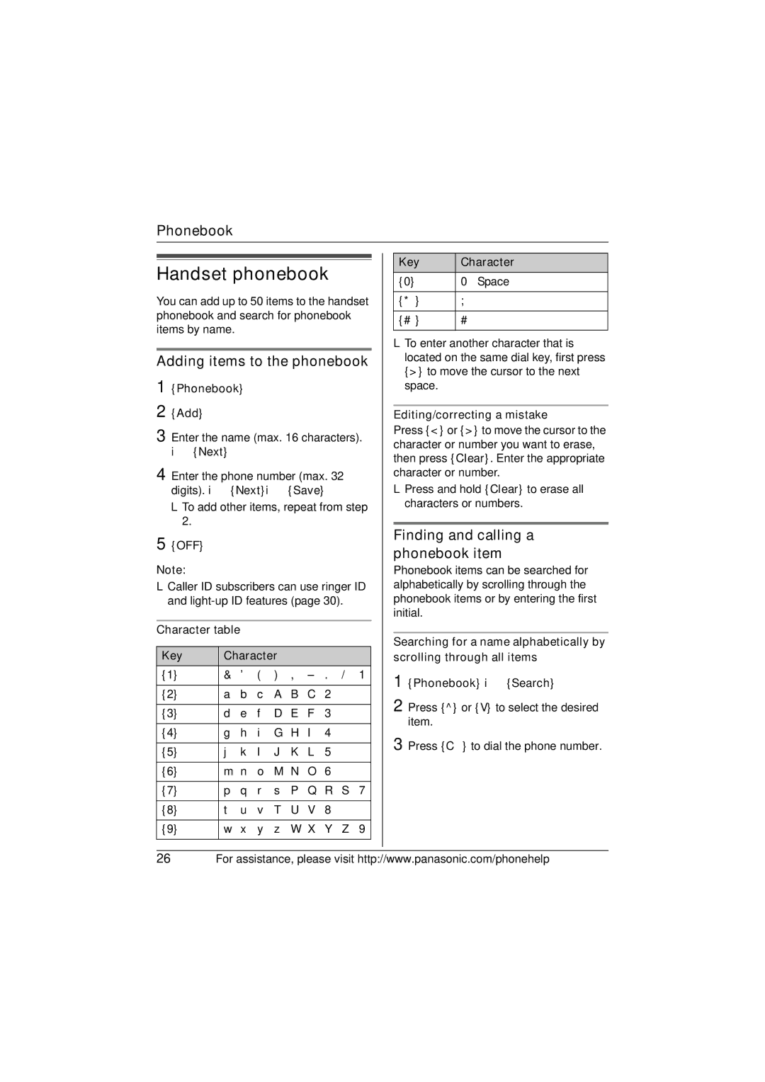 Panasonic KX-TG5632M Handset phonebook, Adding items to the phonebook, Finding and calling a phonebook item 