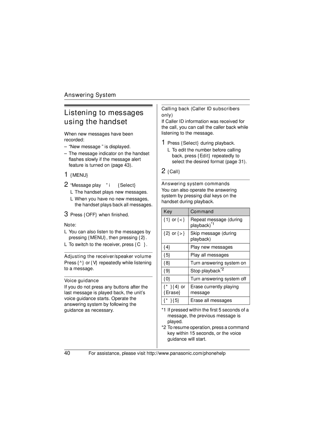 Panasonic KX-TG5632M operating instructions Voice guidance, Calling back Caller ID subscribers only, Key Command, Erase 