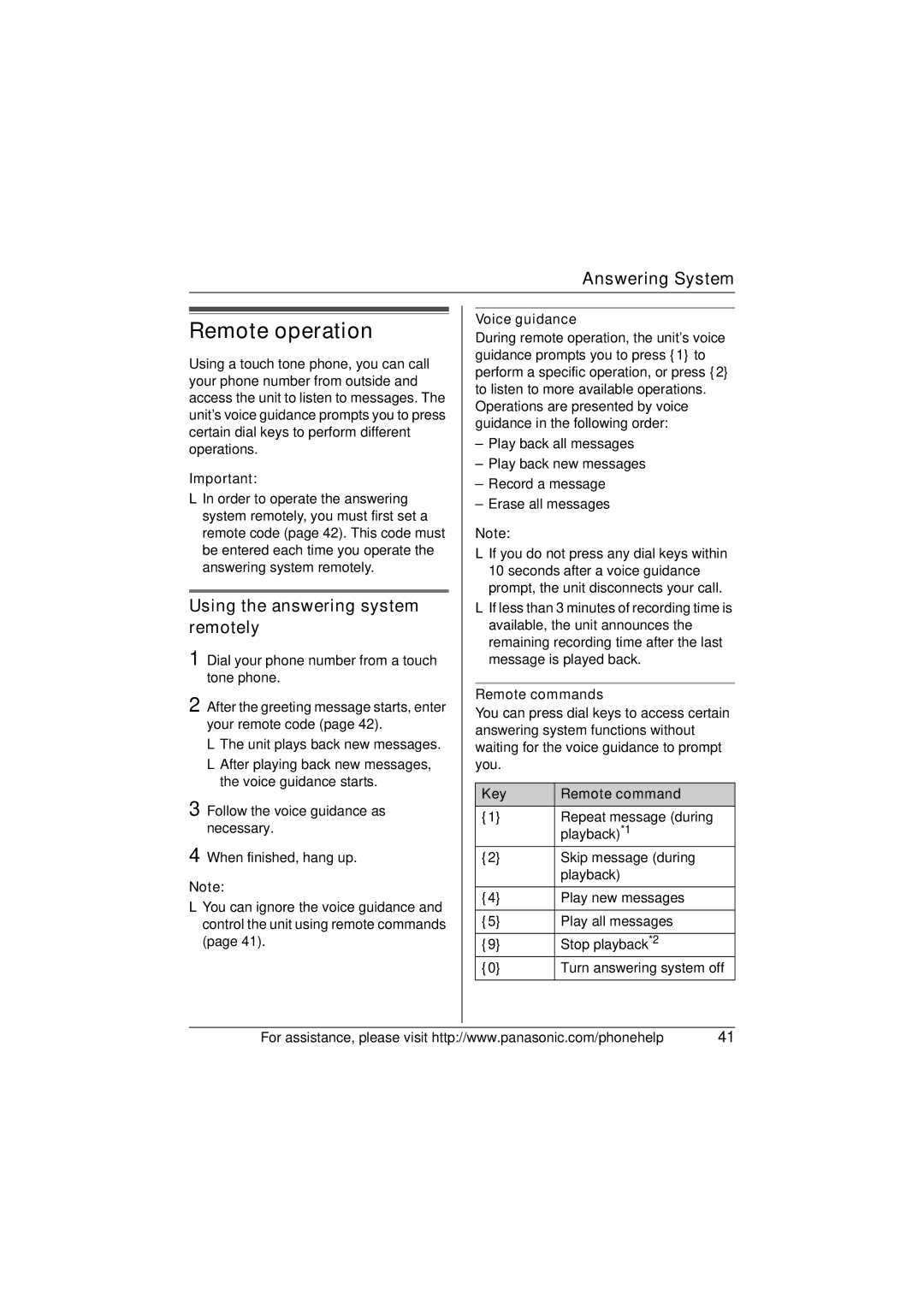 Panasonic KX-TG5632M Remote operation, Using the answering system remotely, Remote commands, Key Remote command 