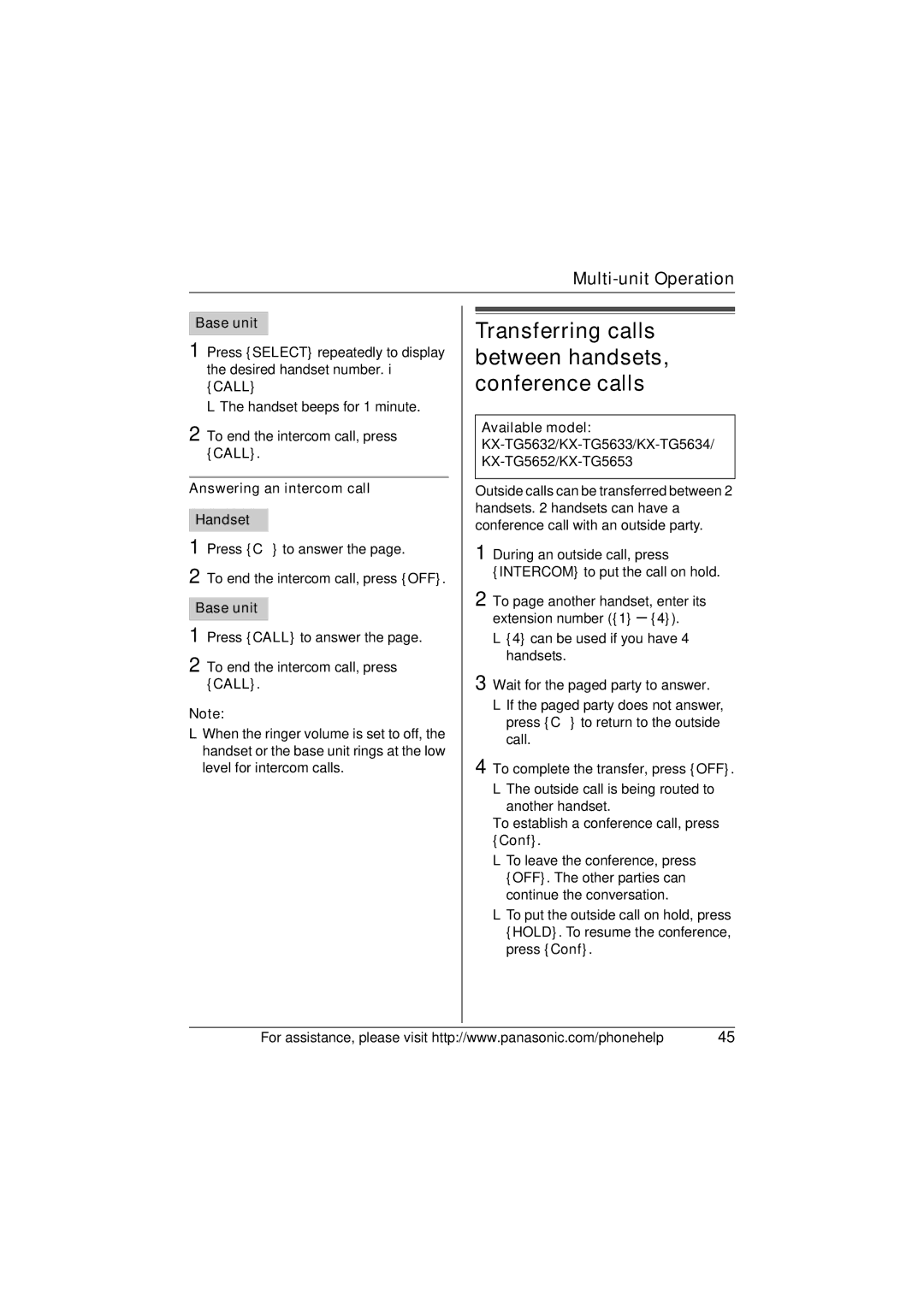 Panasonic KX-TG5632M operating instructions Transferring calls between handsets, conference calls 