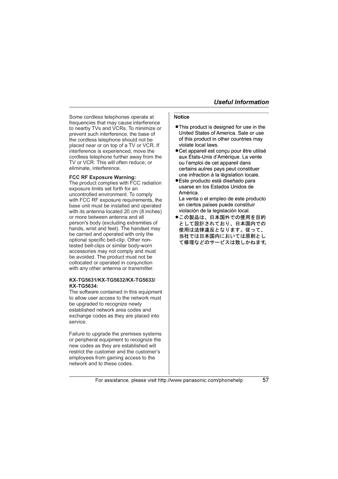 Panasonic KX-TG5632M operating instructions FCC RF Exposure Warning, KX-TG5631/KX-TG5632/KX-TG5633/ KX-TG5634 