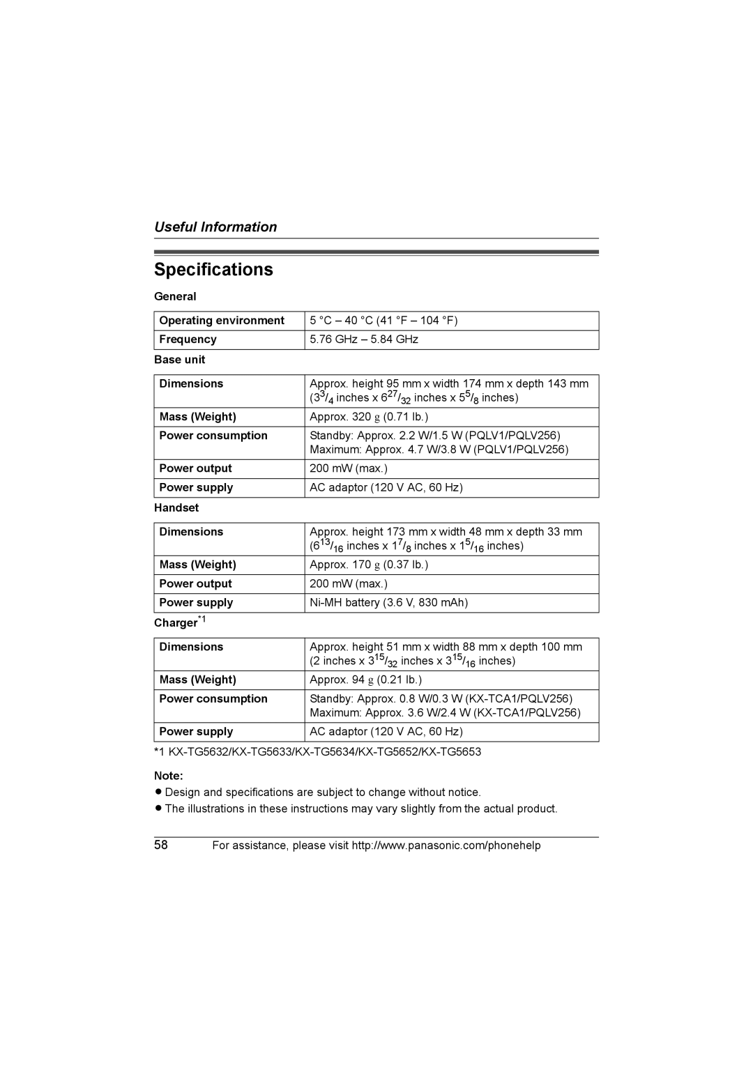 Panasonic KX-TG5632M operating instructions Specifications 