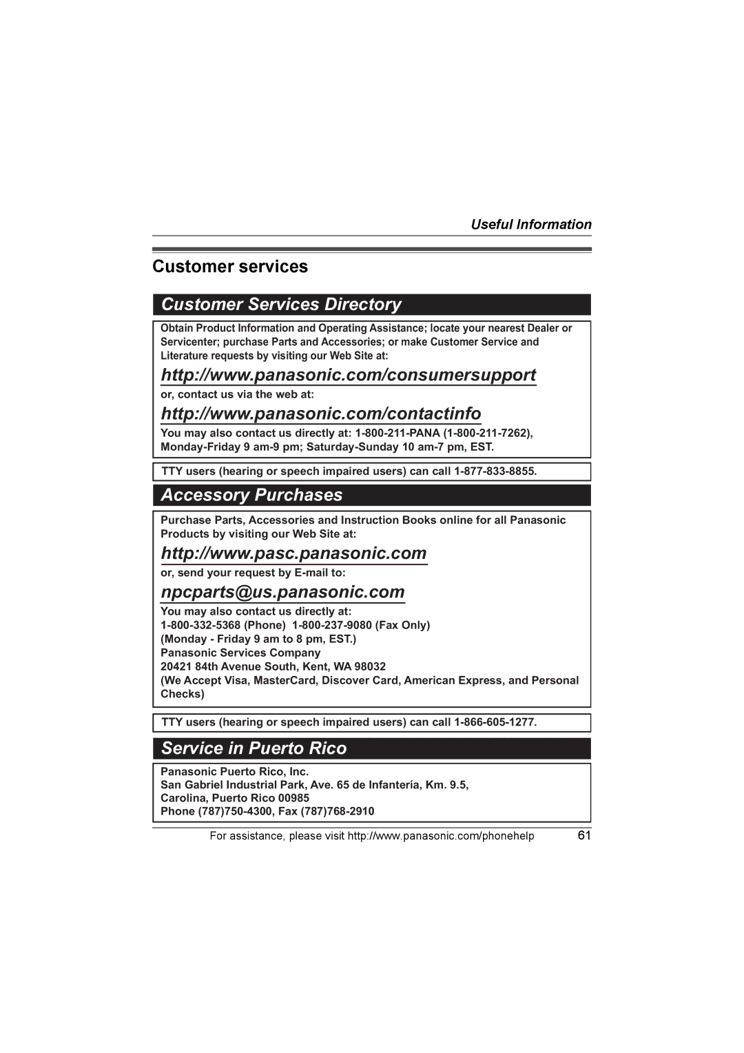 Panasonic KX-TG5632M operating instructions Customer services, Customer Services Directory 