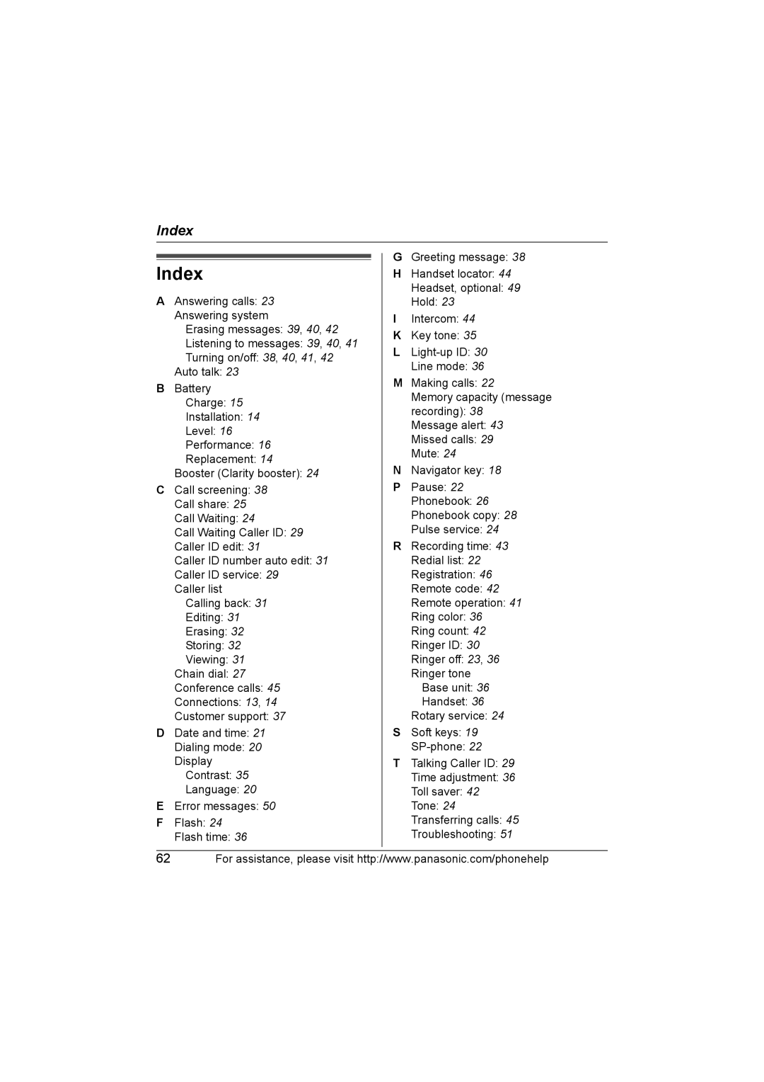 Panasonic KX-TG5632M operating instructions Index 