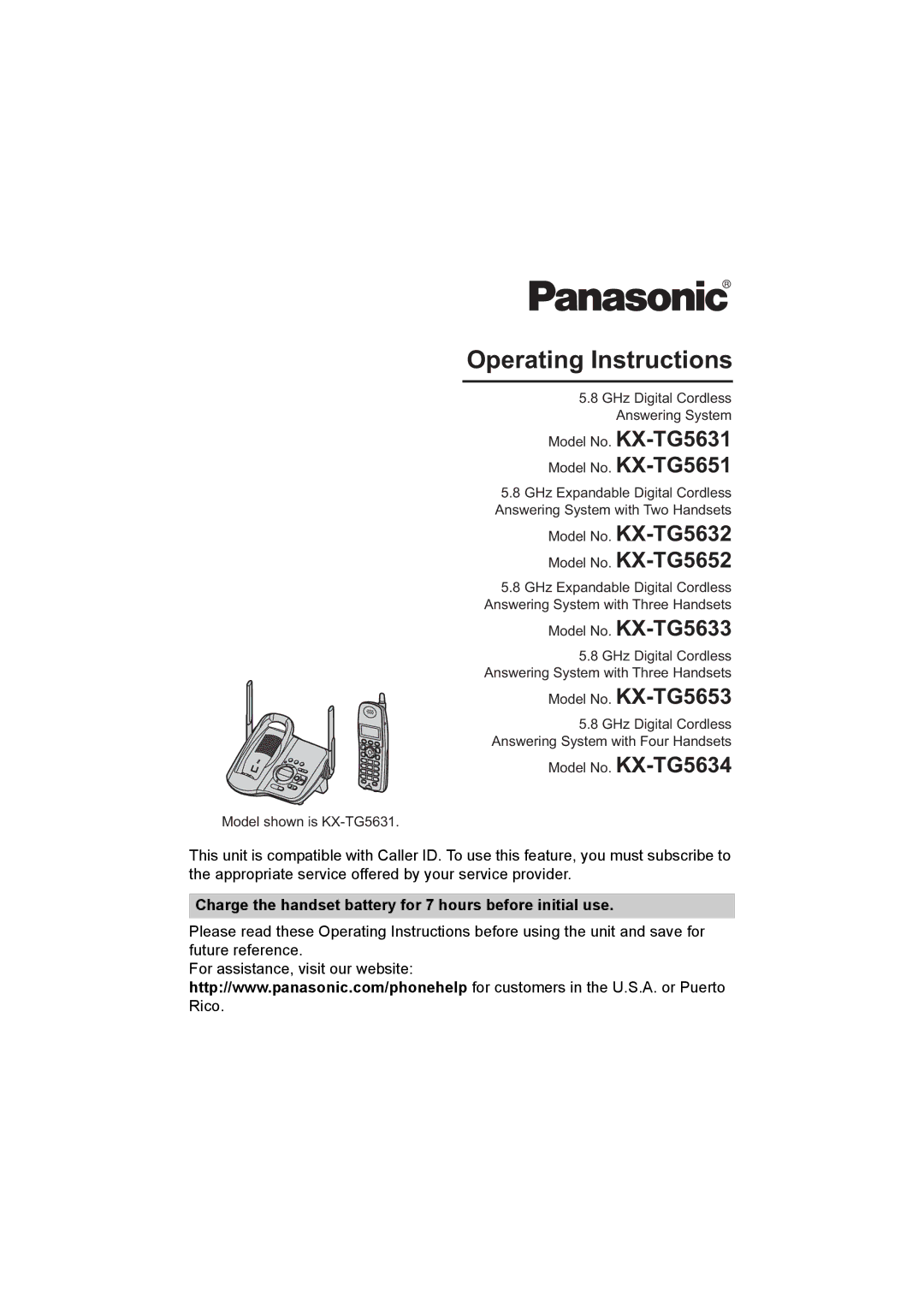 Panasonic KX-TG5631, KX-TG5651, KX-TG5653, KX-TG5633, KX-TG5632, KX-TG5652 operating instructions Operating Instructions 