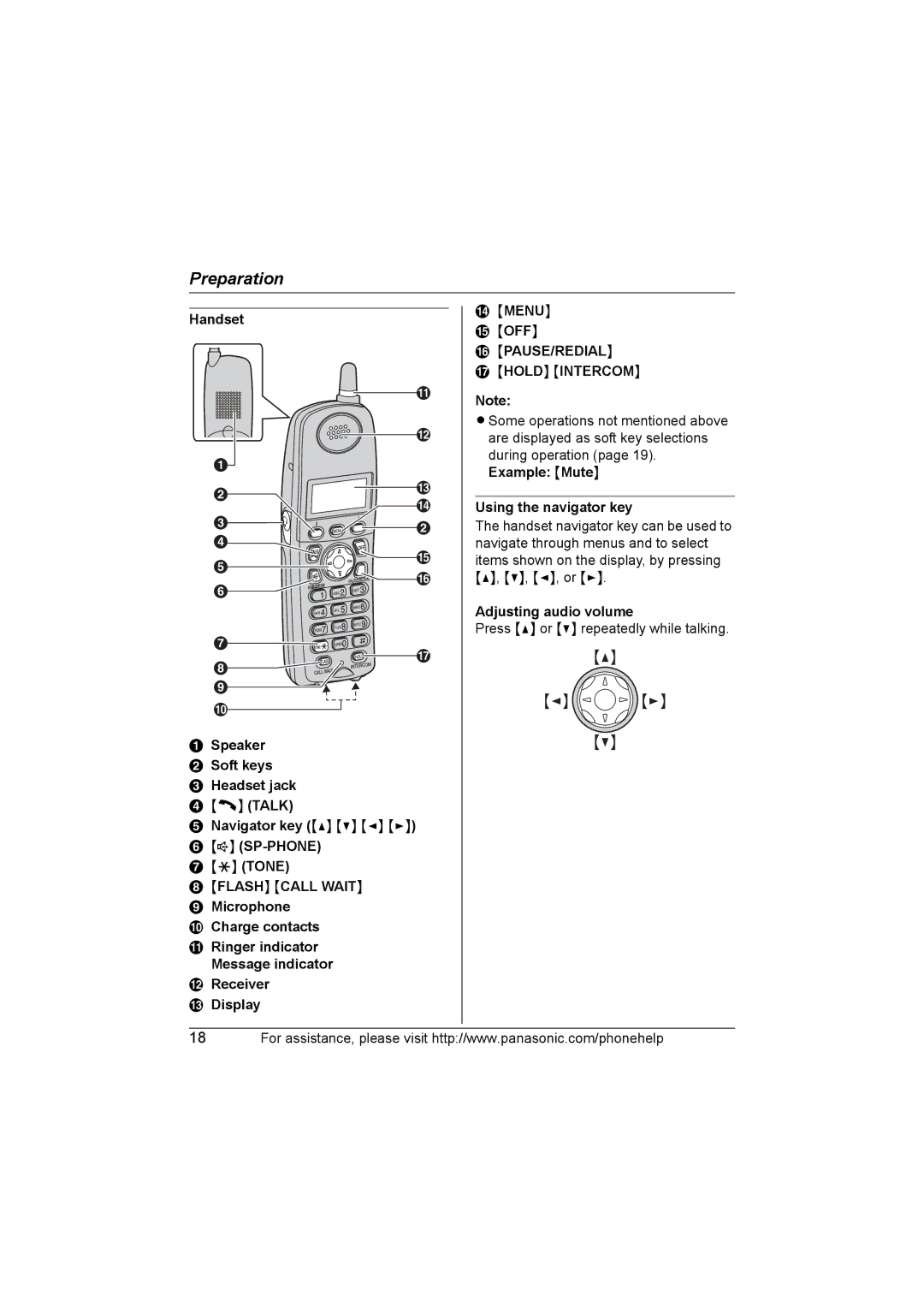 Panasonic KX-TG5632, KX-TG5651, KX-TG5631, KX-TG5653, KX-TG5633 Example Mute Using the navigator key, Adjusting audio volume 