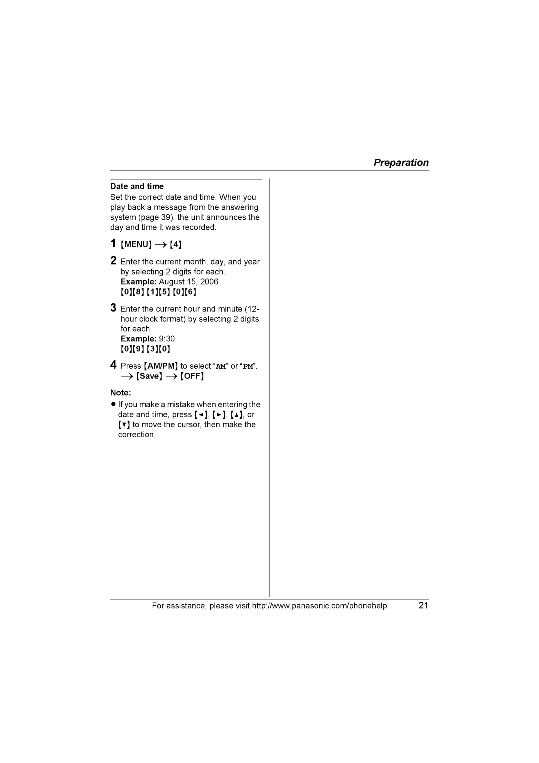 Panasonic KX-TG5651, KX-TG5631, KX-TG5653, KX-TG5633, KX-TG5632, KX-TG5652, KX-TG5634 Date and time, Example 930 09 