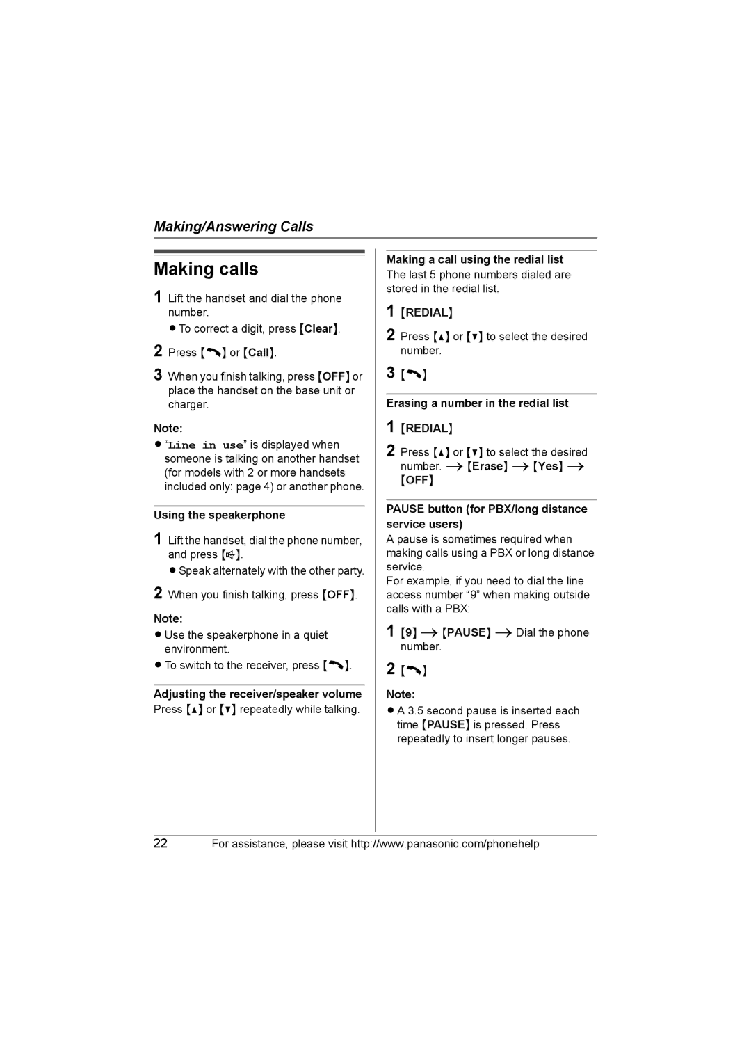 Panasonic KX-TG5631, KX-TG5651, KX-TG5653, KX-TG5633, KX-TG5632, KX-TG5652, KX-TG5634 operating instructions Making calls 