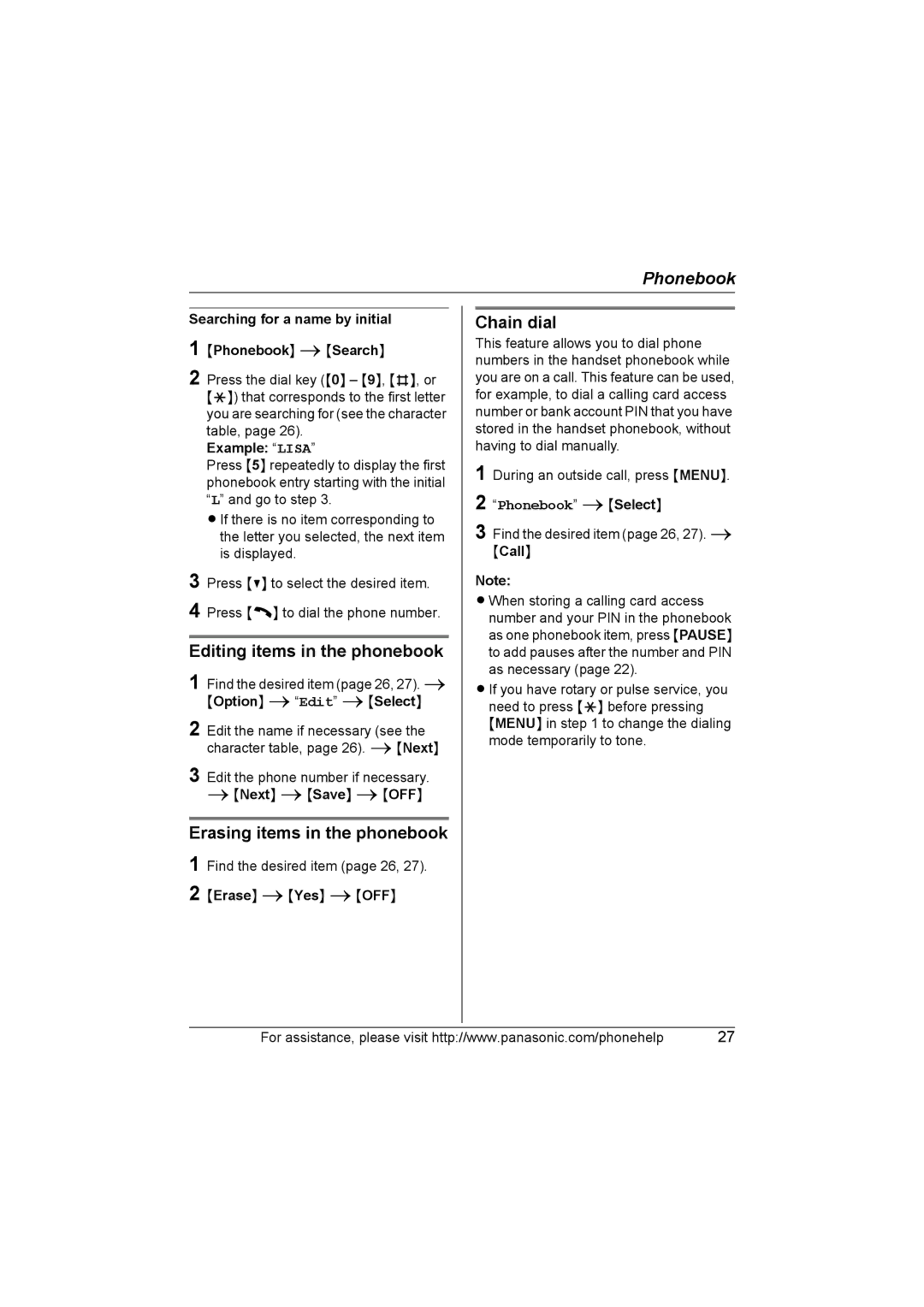 Panasonic KX-TG5634, KX-TG5651, KX-TG5631 Editing items in the phonebook, Erasing items in the phonebook, Chain dial 