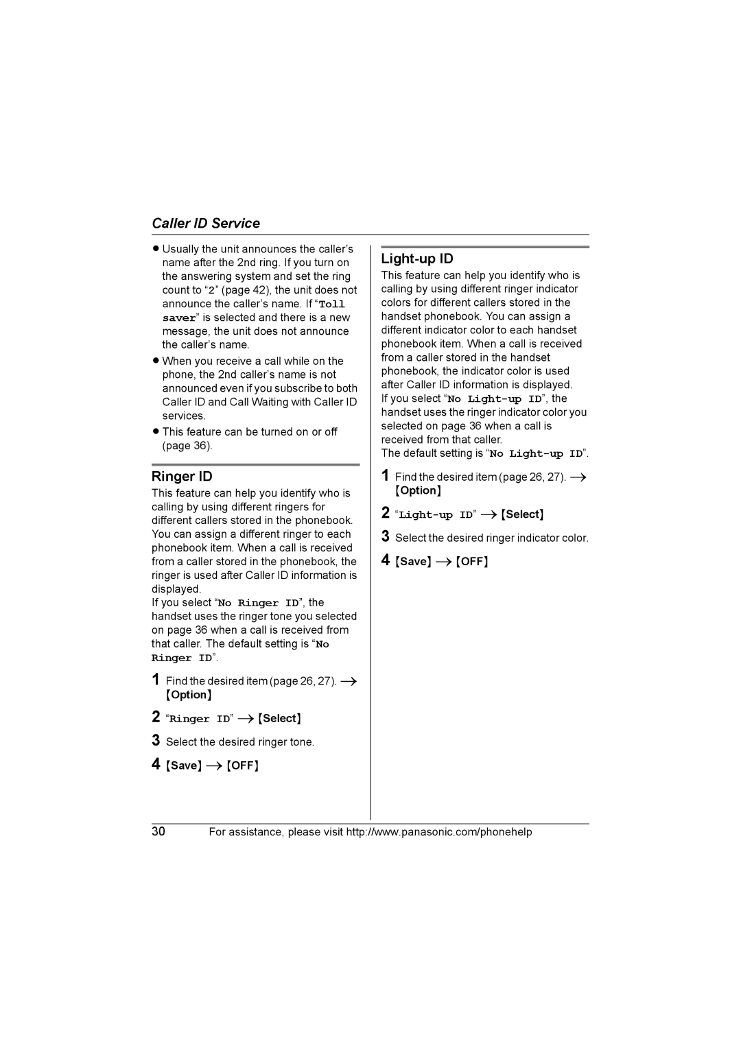 Panasonic KX-TG5653, KX-TG5651, KX-TG5631, KX-TG5633, KX-TG5632, KX-TG5652, KX-TG5634 Ringer ID, Light-up ID, Option 