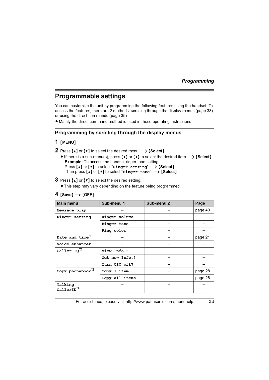 Panasonic KX-TG5652, KX-TG5651, KX-TG5631 Programmable settings, Programming by scrolling through the display menus 