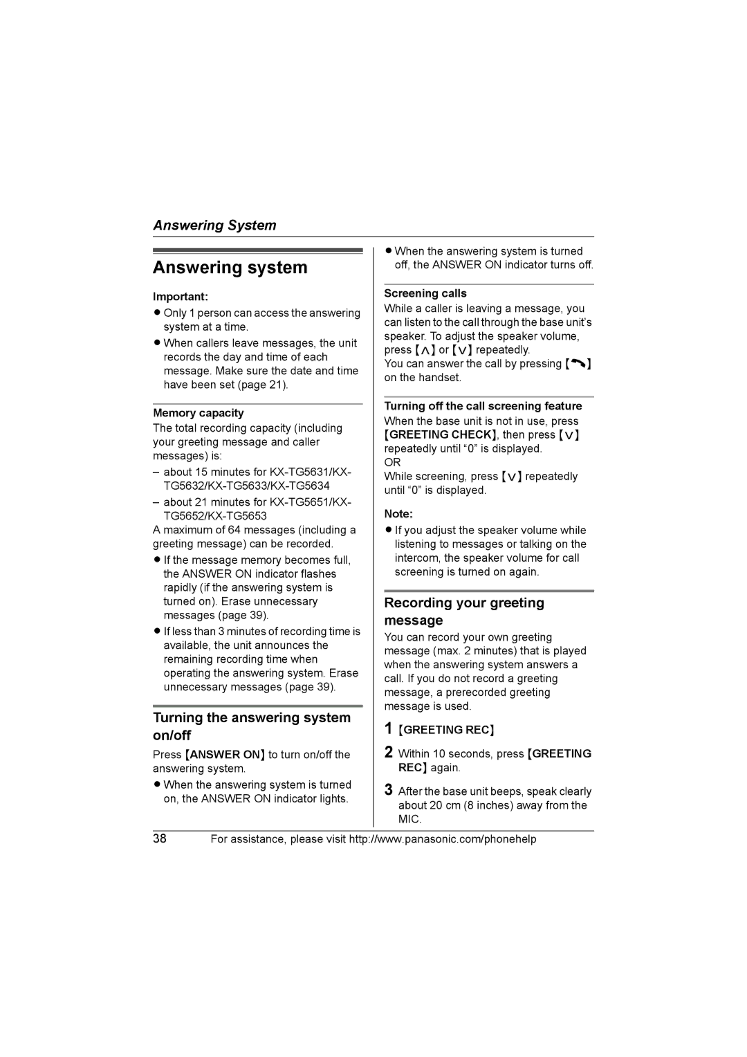 Panasonic KX-TG5633, KX-TG5651 Answering system, Turning the answering system on/off, Recording your greeting message 