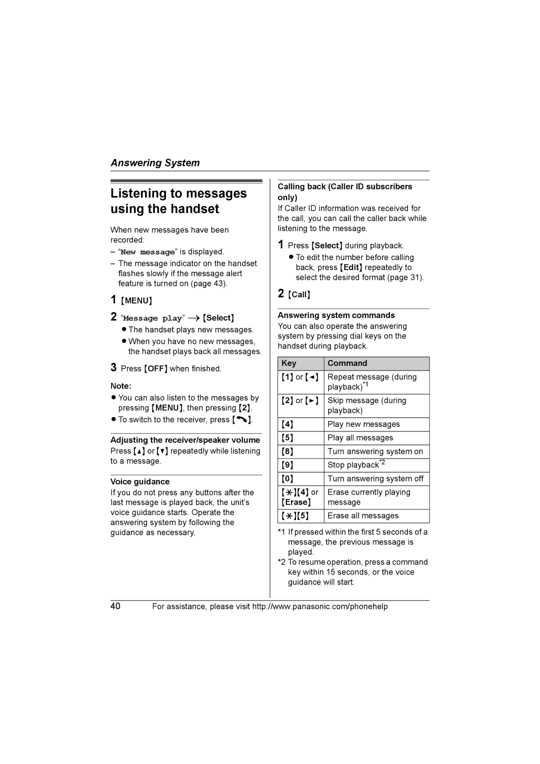 Panasonic KX-TG5652, KX-TG5651, KX-TG5631 Voice guidance, Calling back Caller ID subscribers only, Key Command, Erase 