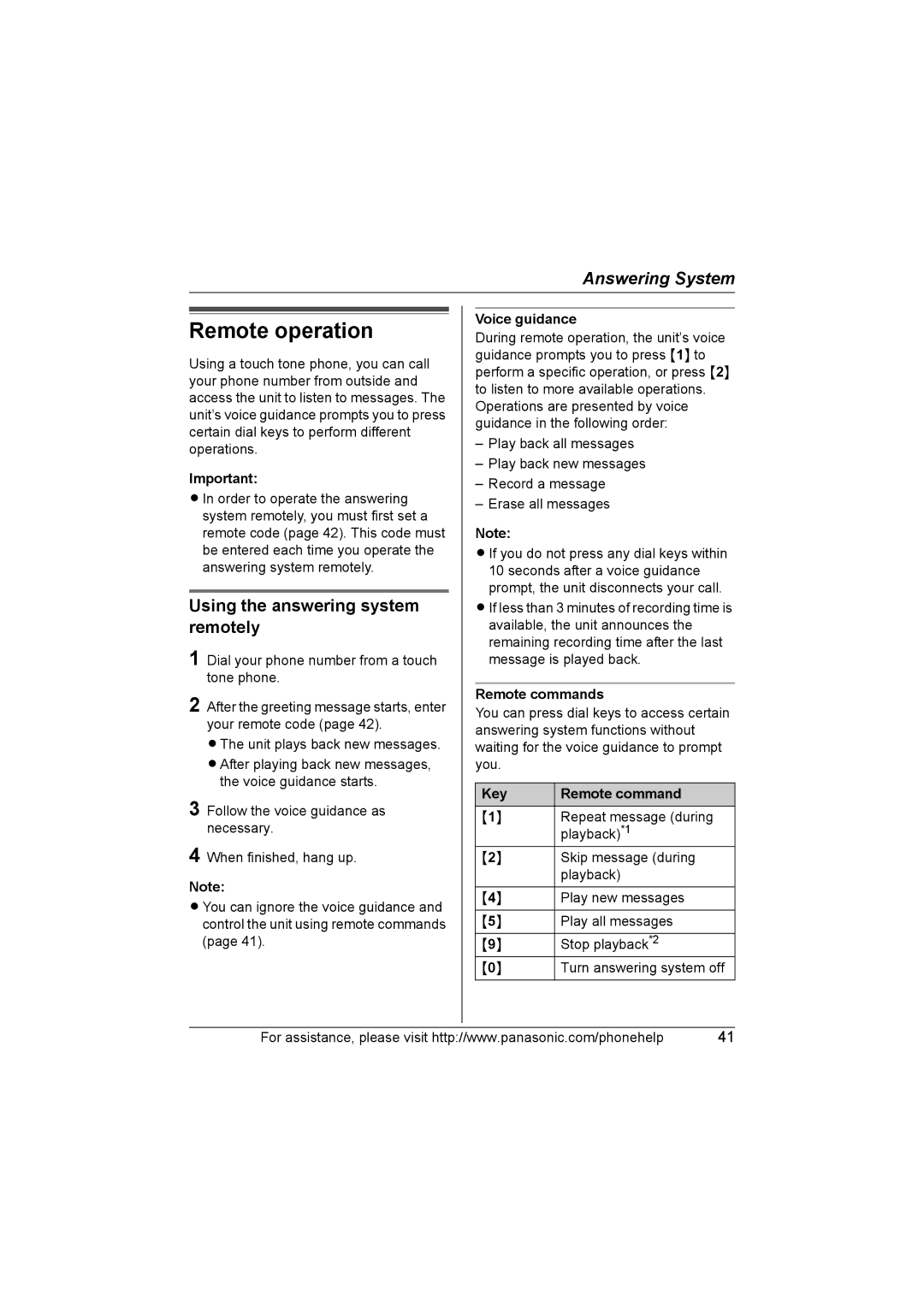 Panasonic KX-TG5634, KX-TG5651 Remote operation, Using the answering system remotely, Remote commands, Key Remote command 