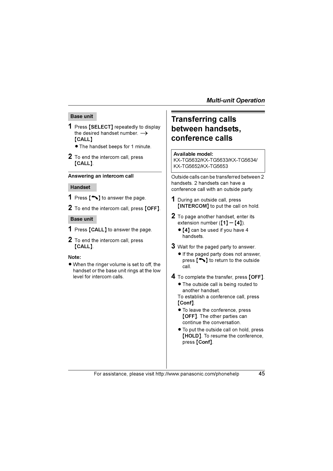 Panasonic KX-TG5633, KX-TG5651, KX-TG5631, KX-TG5653, KX-TG5632 Transferring calls between handsets, conference calls 