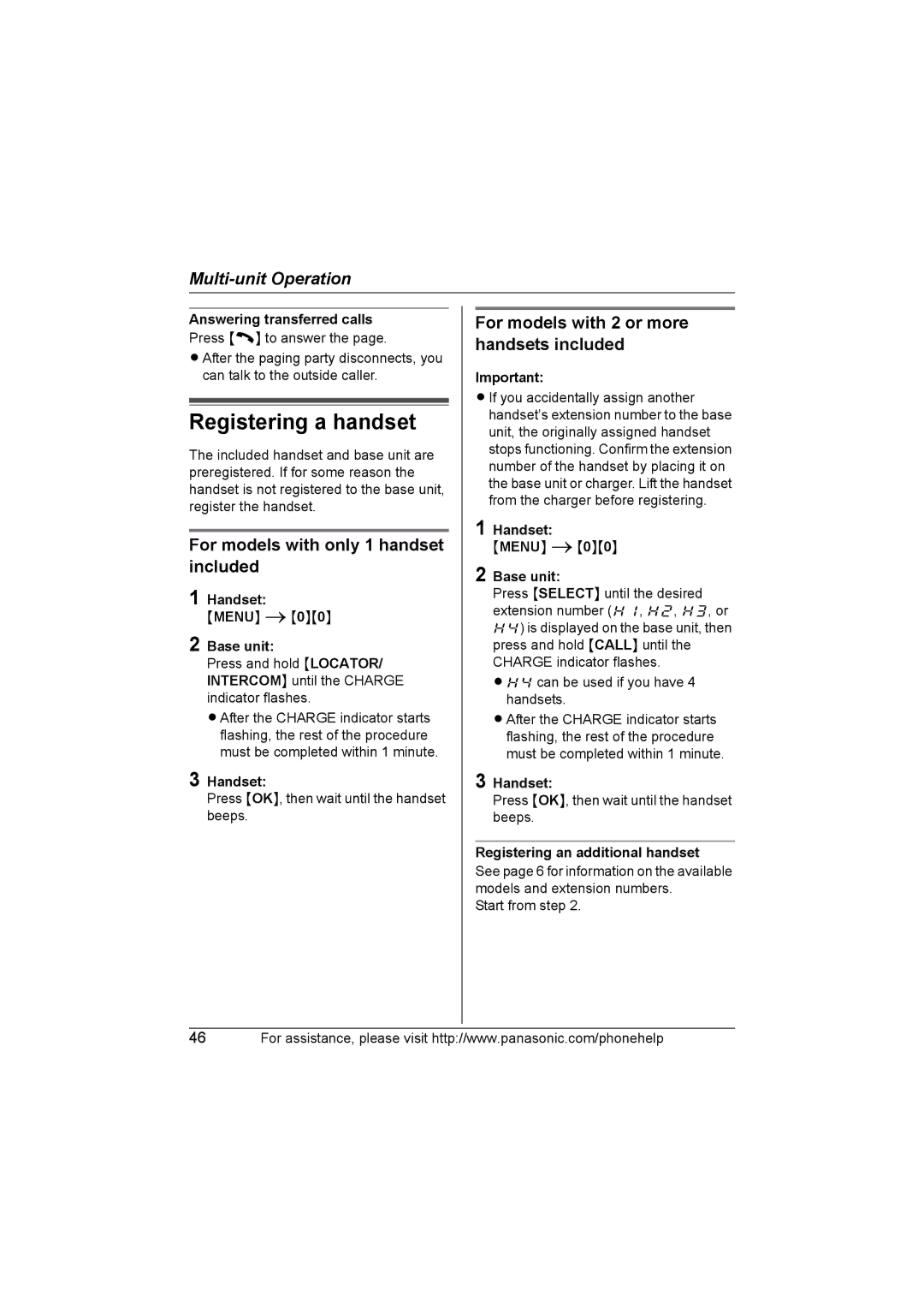 Panasonic KX-TG5632, KX-TG5651 Registering a handset, Answering transferred calls, Registering an additional handset 