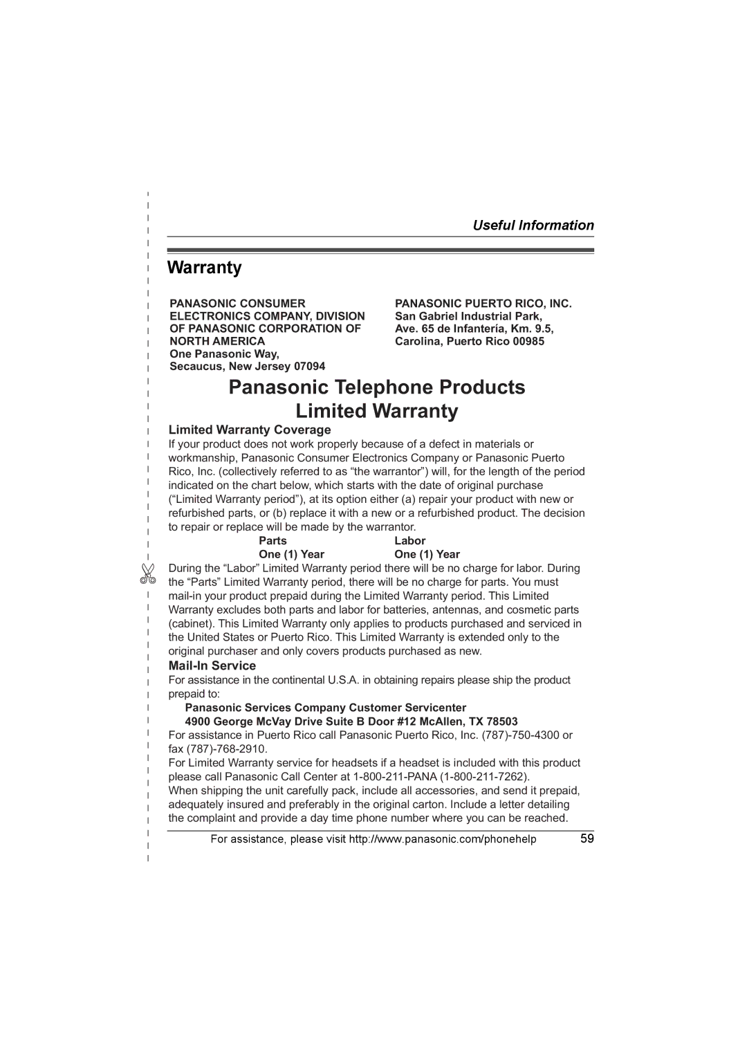 Panasonic KX-TG5633, KX-TG5651, KX-TG5631, KX-TG5653, KX-TG5632, KX-TG5652, KX-TG5634 operating instructions Warranty 