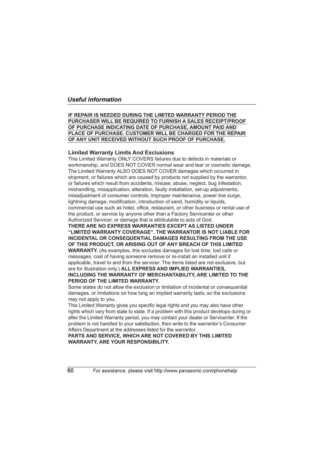 Panasonic KX-TG5632, KX-TG5651, KX-TG5631, KX-TG5653, KX-TG5633, KX-TG5652, KX-TG5634 Limited Warranty Limits And Exclusions 