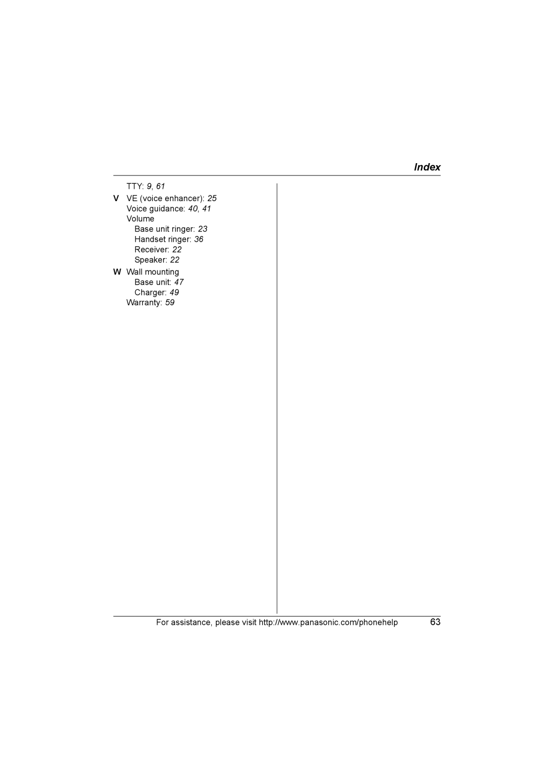 Panasonic KX-TG5651, KX-TG5631, KX-TG5653, KX-TG5633, KX-TG5632, KX-TG5652, KX-TG5634 operating instructions Index 