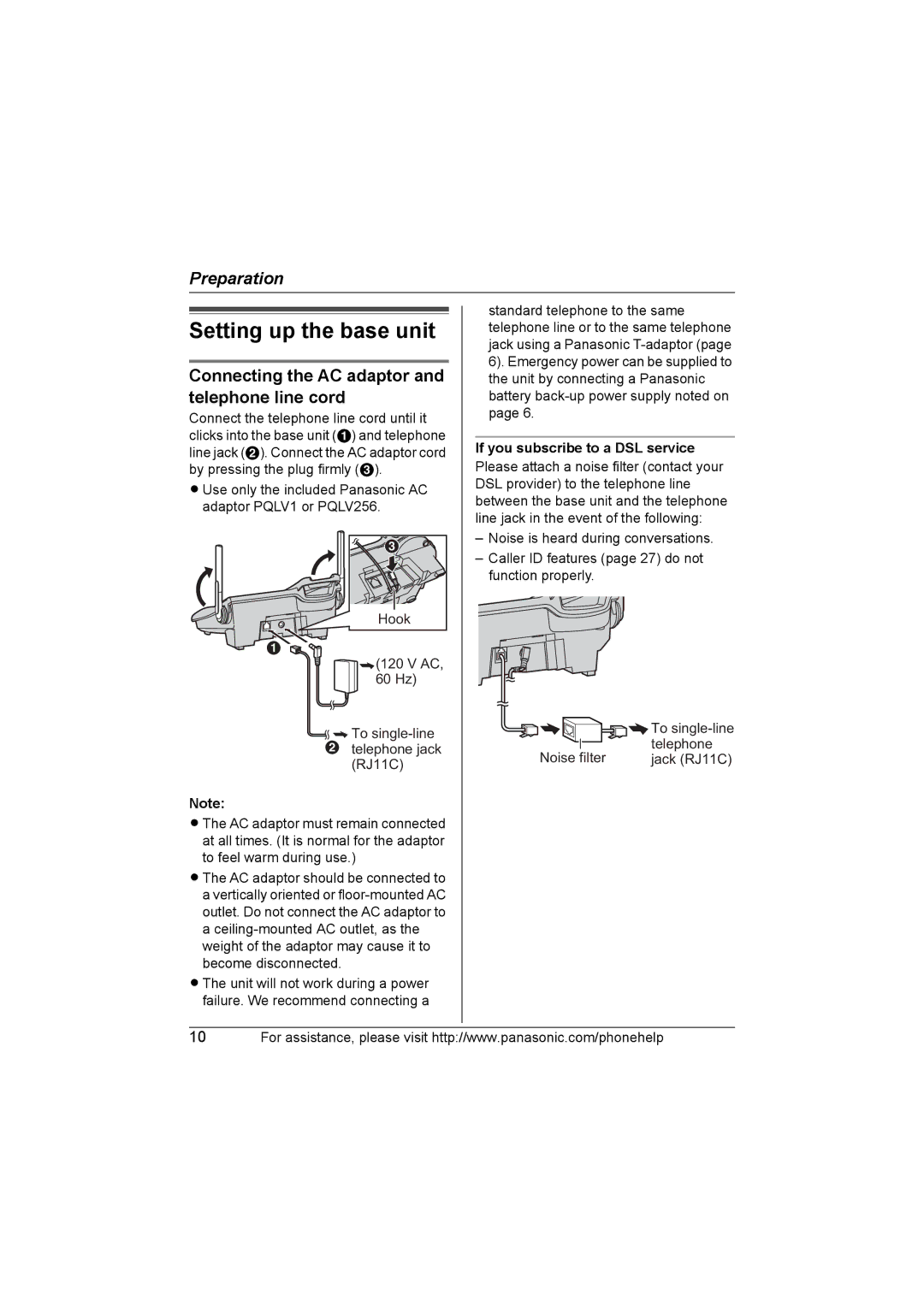 Panasonic KX-TG5664 operating instructions Setting up the base unit, Connecting the AC adaptor and telephone line cord 