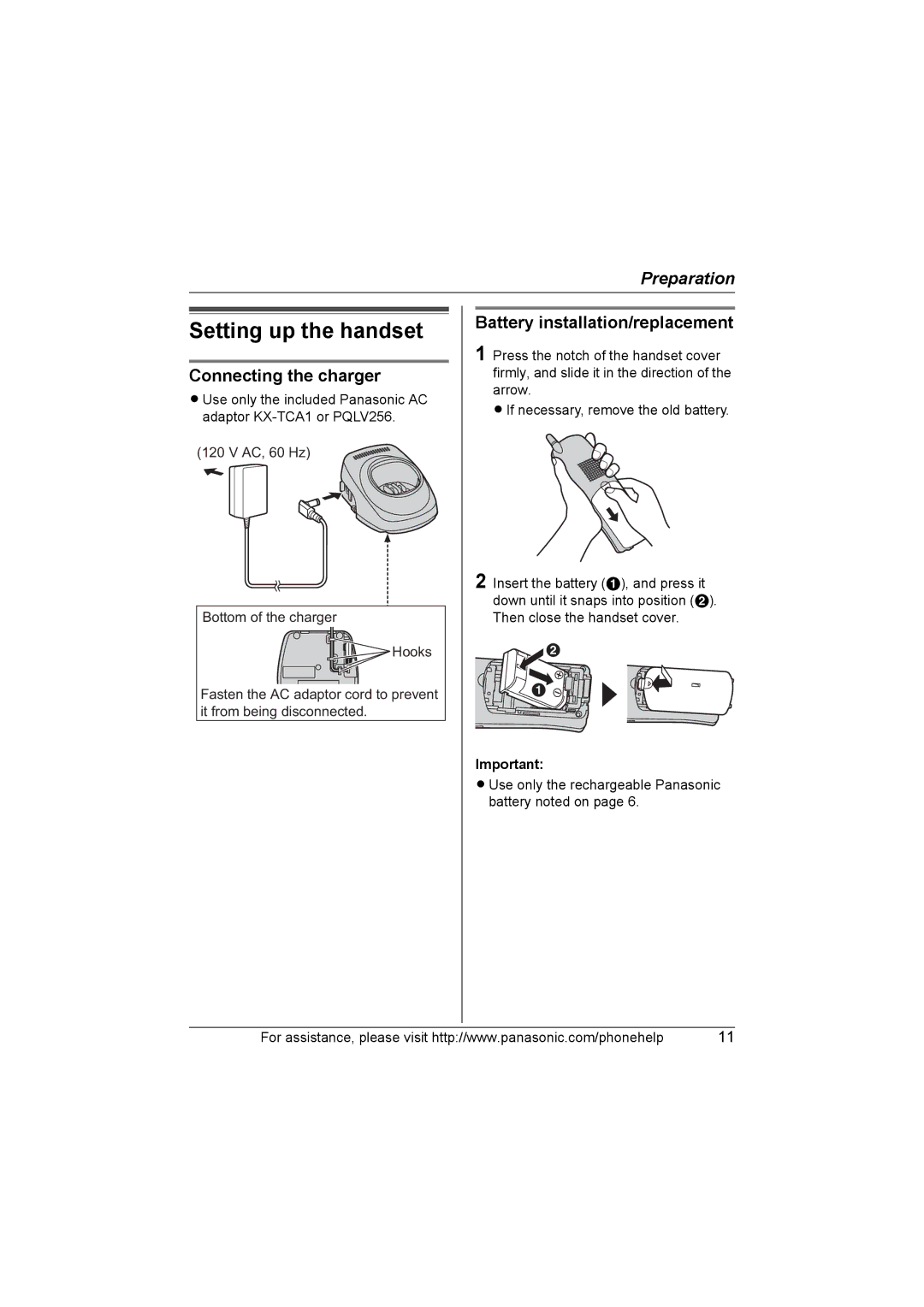 Panasonic KX-TG5664 operating instructions Setting up the handset, Connecting the charger, Battery installation/replacement 