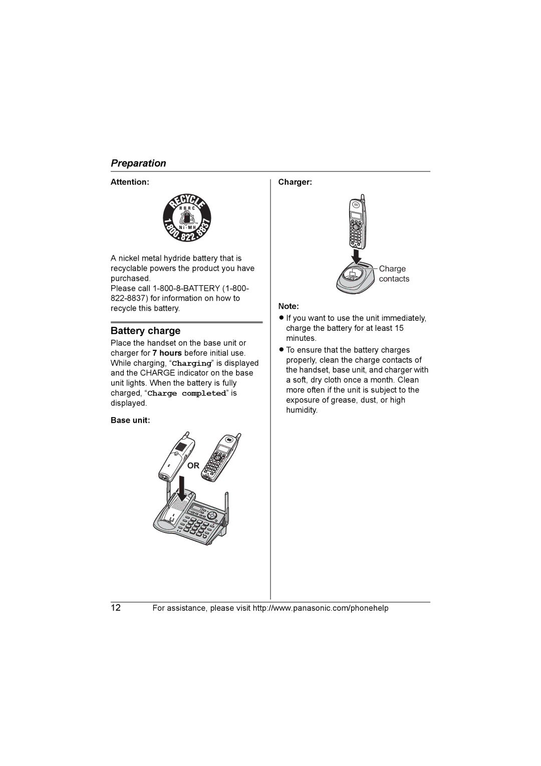 Panasonic KX-TG5664 operating instructions Battery charge, Base unit Charger 