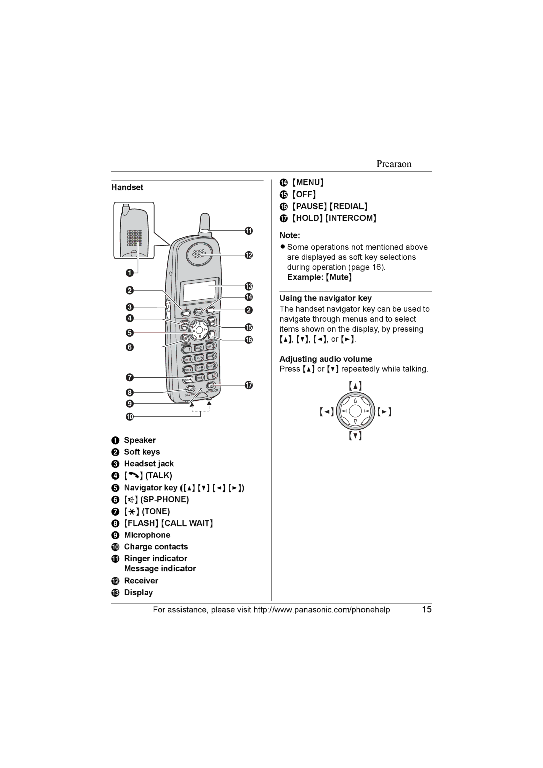 Panasonic KX-TG5664 Flash Call Wait, Menu OFF Pause Redial Hold Intercom, Example Mute Using the navigator key 