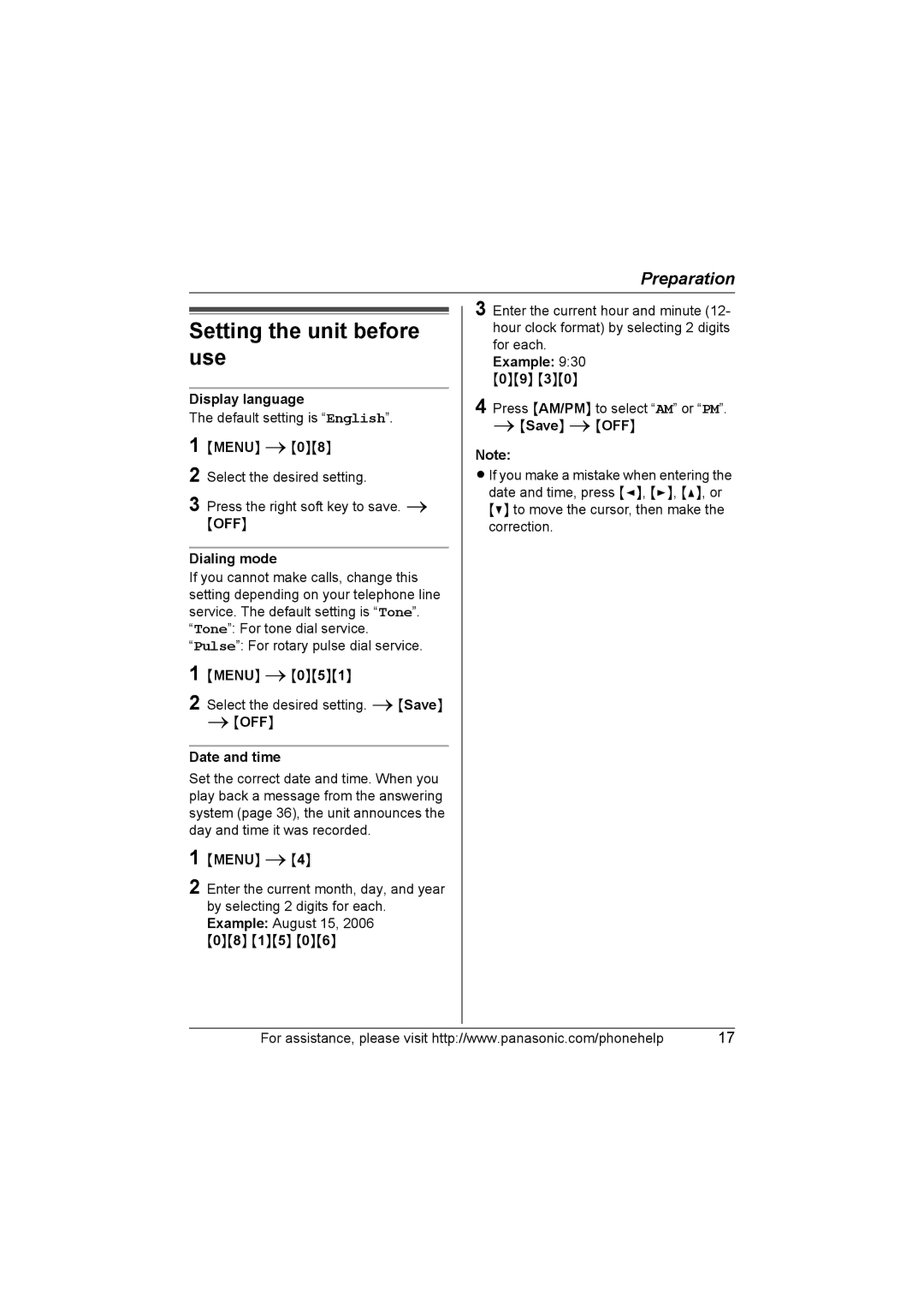 Panasonic KX-TG5664 Setting the unit before use, Display language, Dialing mode, OFF Date and time, Example 930 09 