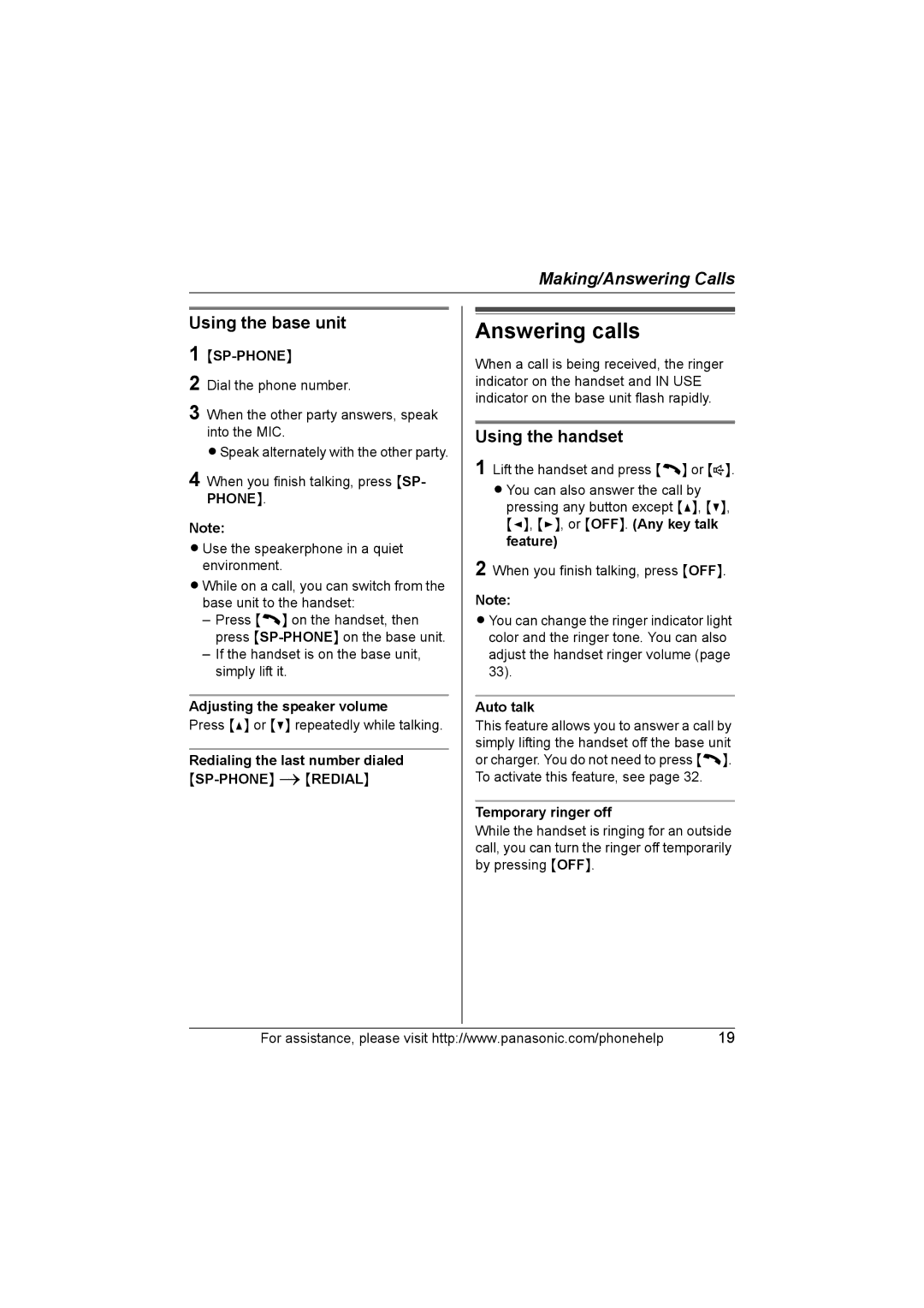 Panasonic KX-TG5664 operating instructions Answering calls, Using the base unit 